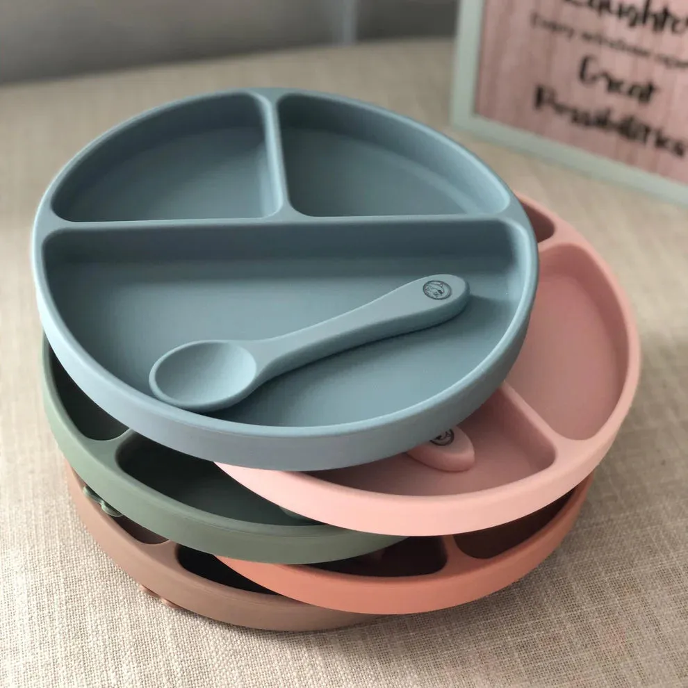 Little Eli - Silicone Suction Plate + Spoon + Storage Bag - Coastal Sand