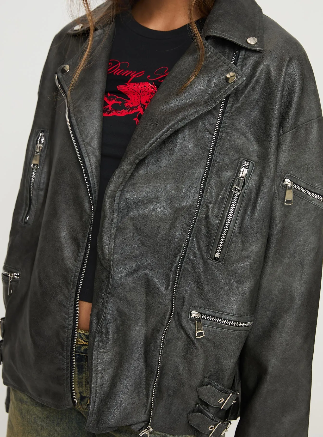 Magnets Faux Leather Jacket Washed Charcoal