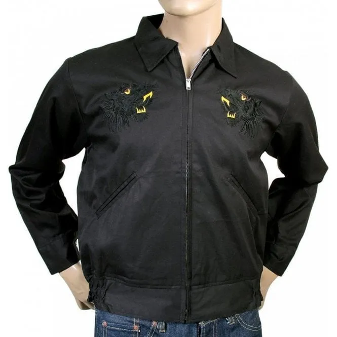 Mens Black and Gold Embroidered Tiger Regular Fit Fully Reversible Black Base Cotton Twill Souvenir Jacket TT13002