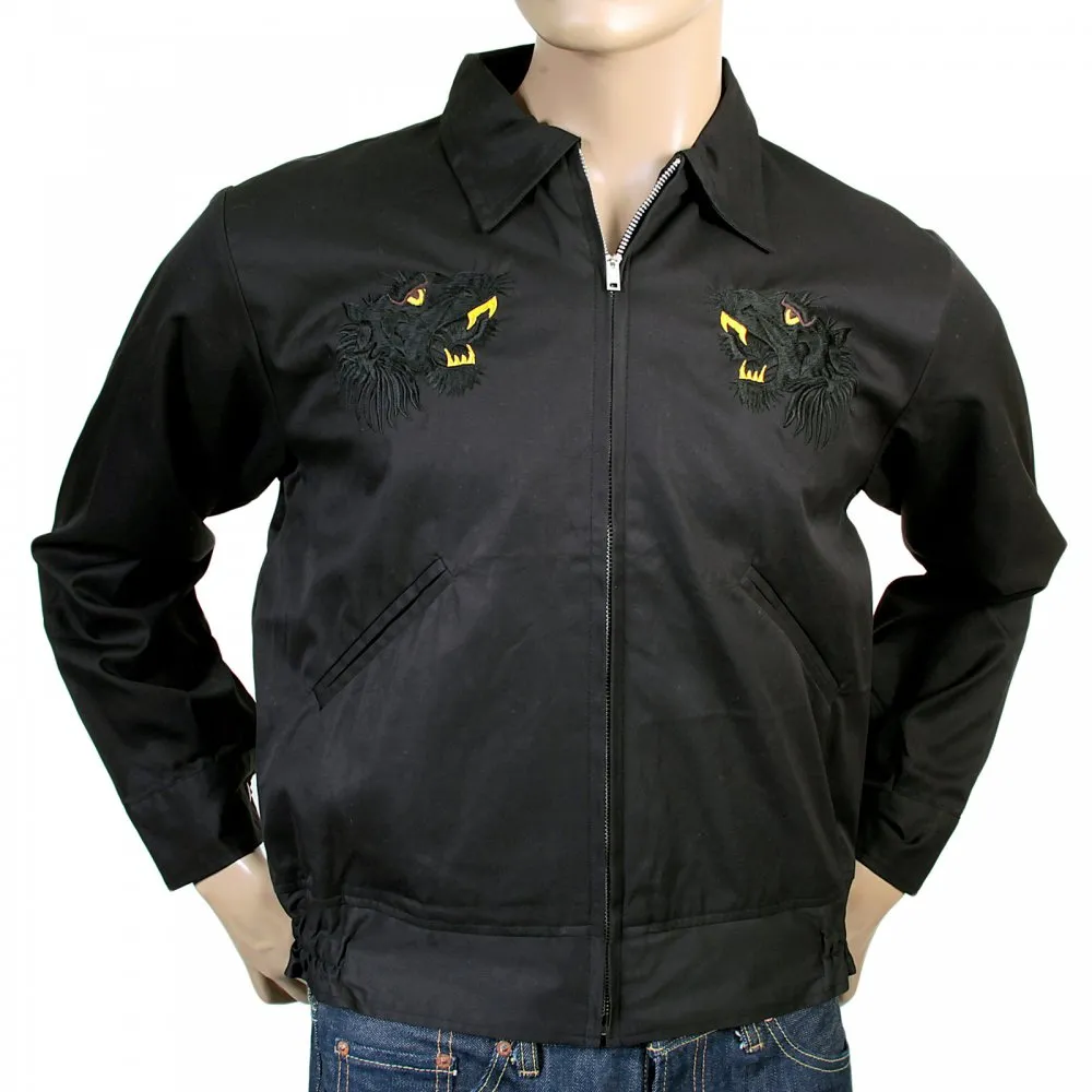 Mens Black and Gold Embroidered Tiger Regular Fit Fully Reversible Black Base Cotton Twill Souvenir Jacket TT13002