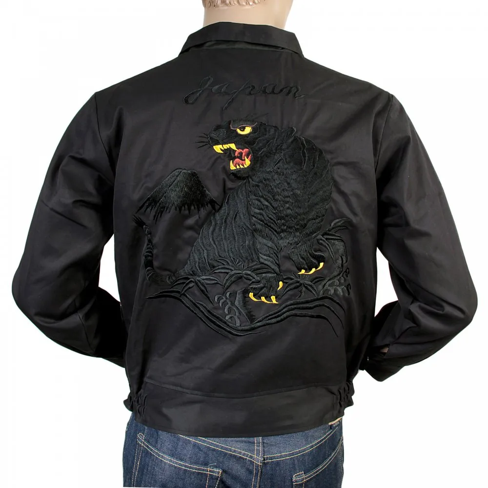 Mens Black and Gold Embroidered Tiger Regular Fit Fully Reversible Black Base Cotton Twill Souvenir Jacket TT13002