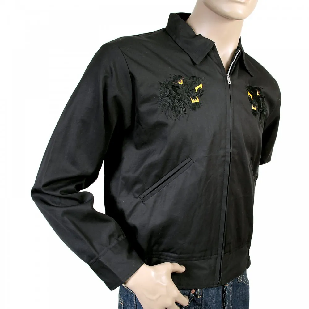 Mens Black and Gold Embroidered Tiger Regular Fit Fully Reversible Black Base Cotton Twill Souvenir Jacket TT13002