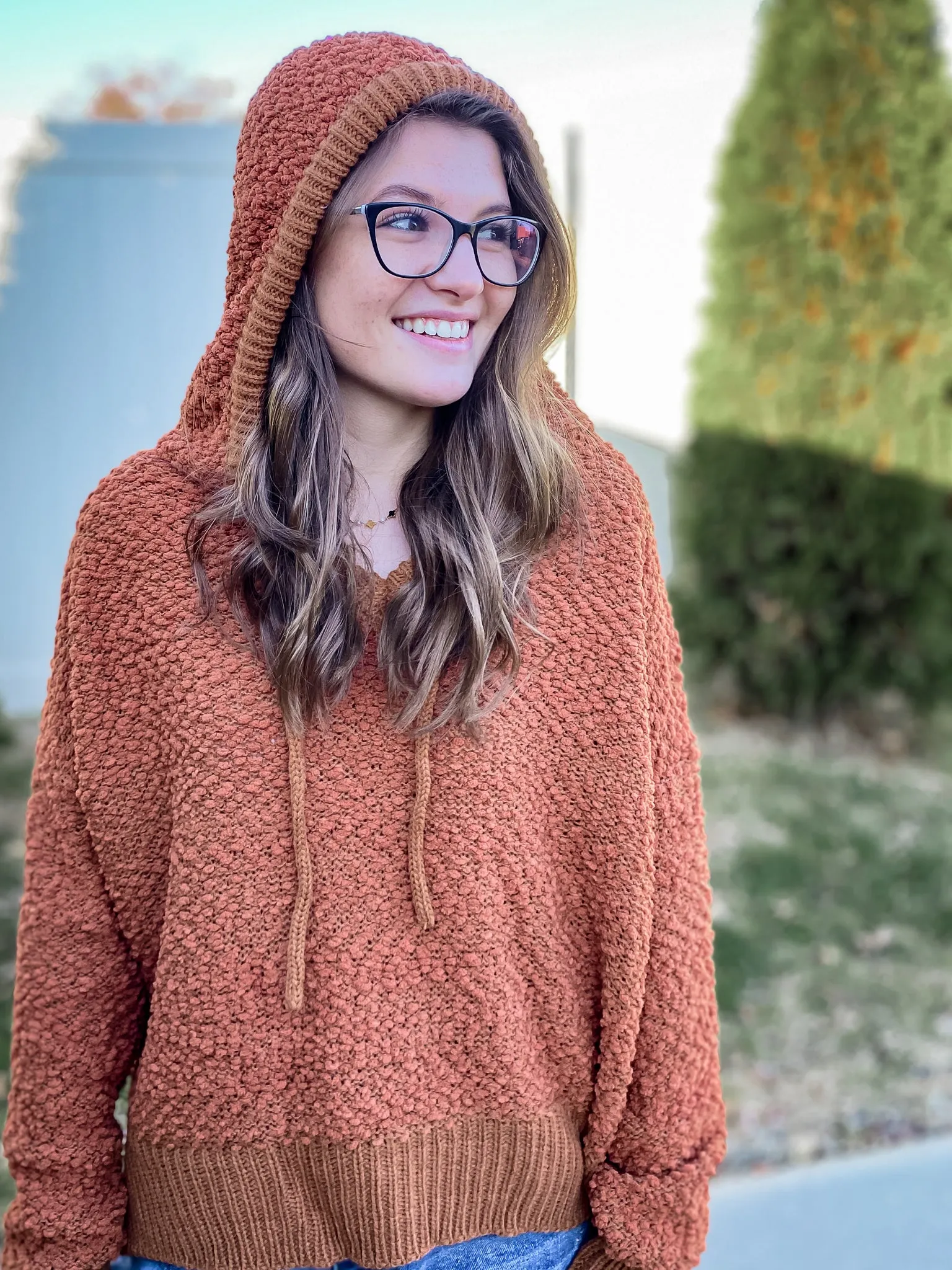 Popcorn Knit Hooded Pullover