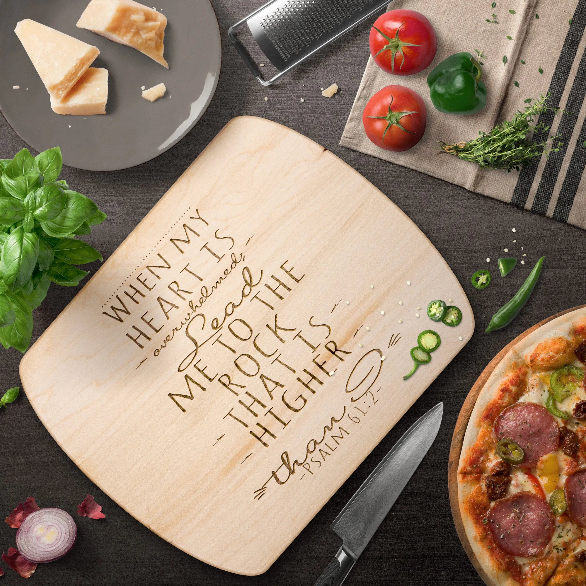 Products Bible Verse Hardwood Oval Cutting Board - Lead Me To The Rock ~Psalm 61:2~ Design 2