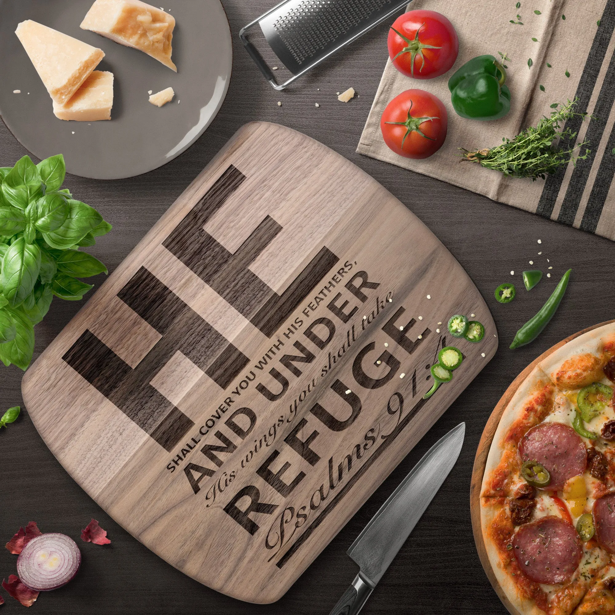 Products Bible Verse Hardwood Oval Cutting Board - Under His Wings You Shall Take Refuge ~Psalm 91:4~ Design 4