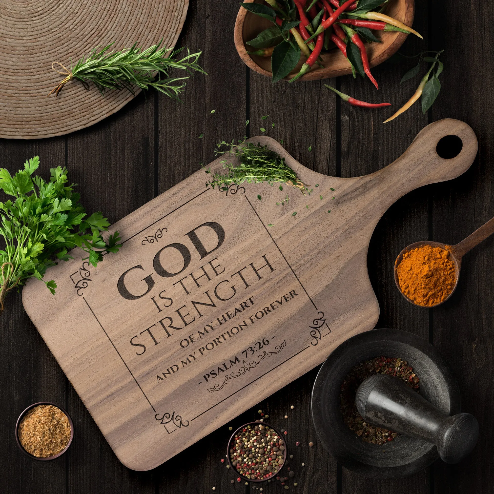 Products Bible Verse Hardwood Paddle Cutting Board - God Is The Strength Of My Heart ~Psalm 73:26~ Design 10