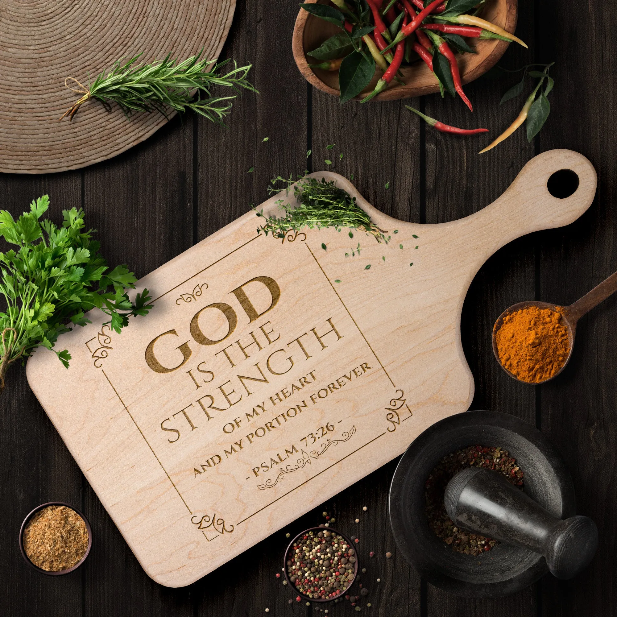 Products Bible Verse Hardwood Paddle Cutting Board - God Is The Strength Of My Heart ~Psalm 73:26~ Design 10