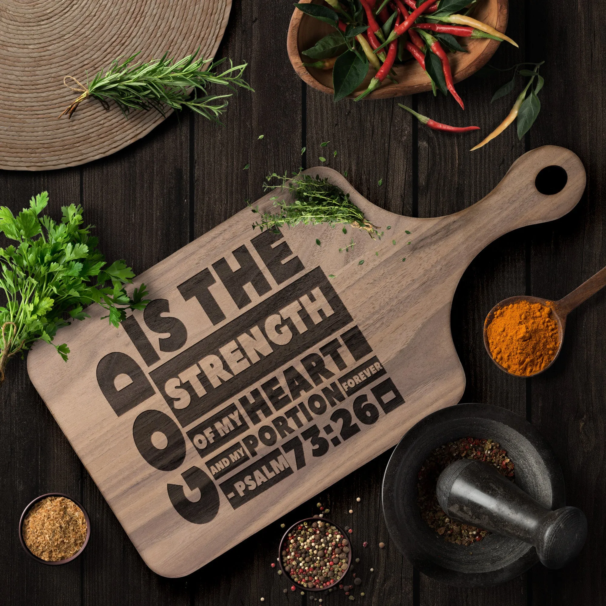 Products Bible Verse Hardwood Paddle Cutting Board - God Is The Strength Of My Heart ~Psalm 73:26~ Design 16