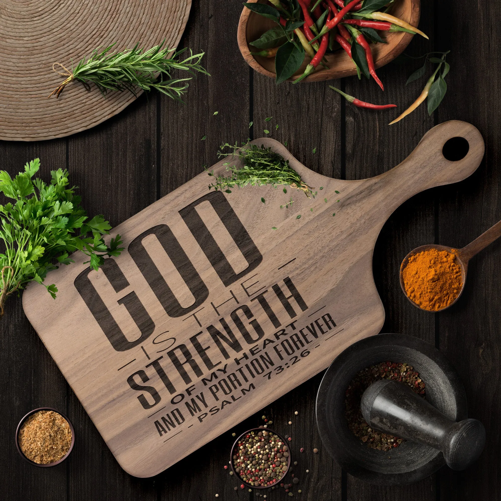 Products Bible Verse Hardwood Paddle Cutting Board - God Is The Strength Of My Heart ~Psalm 73:26~ Design 19