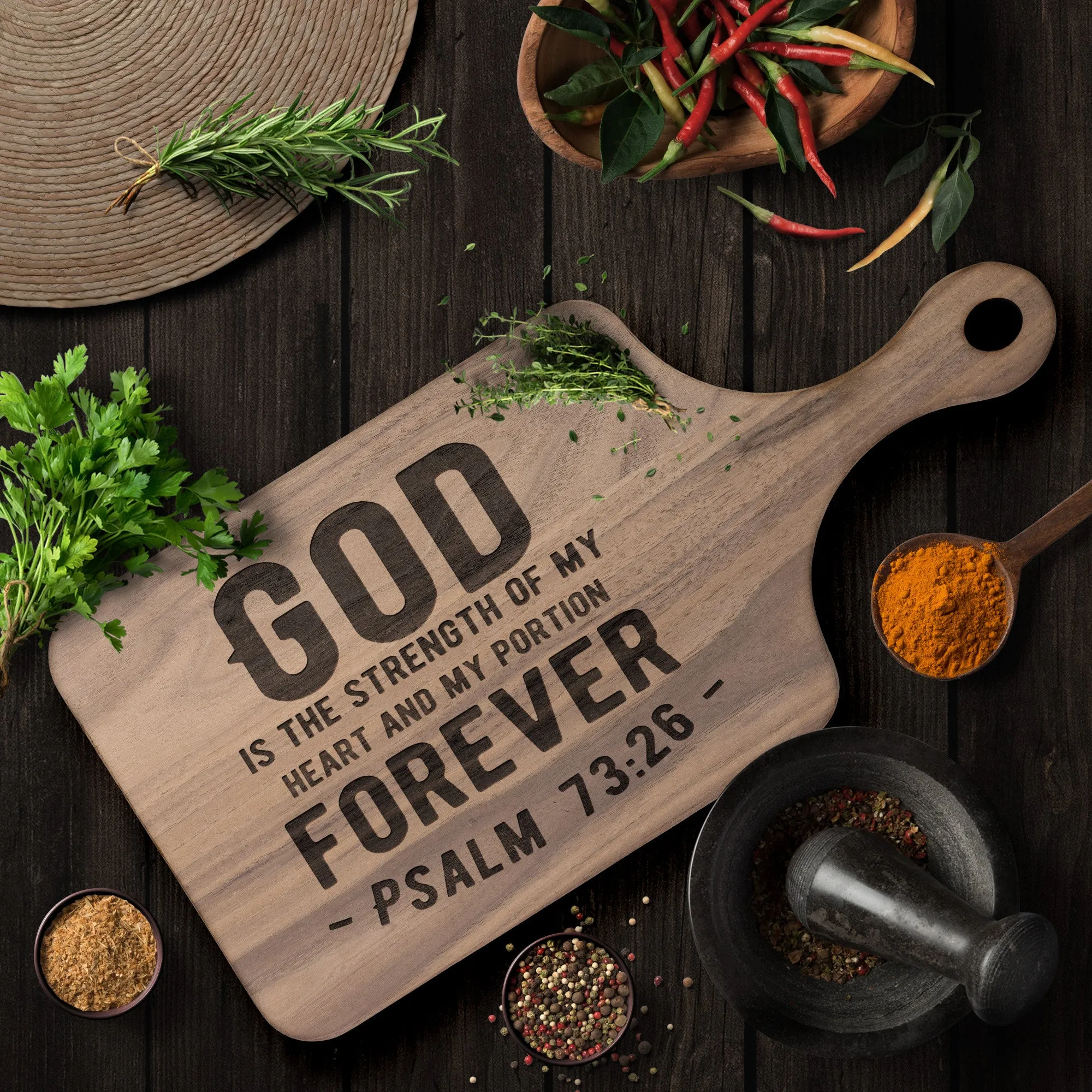 Products Bible Verse Hardwood Paddle Cutting Board - God Is The Strength Of My Heart ~Psalm 73:26~ Design 1