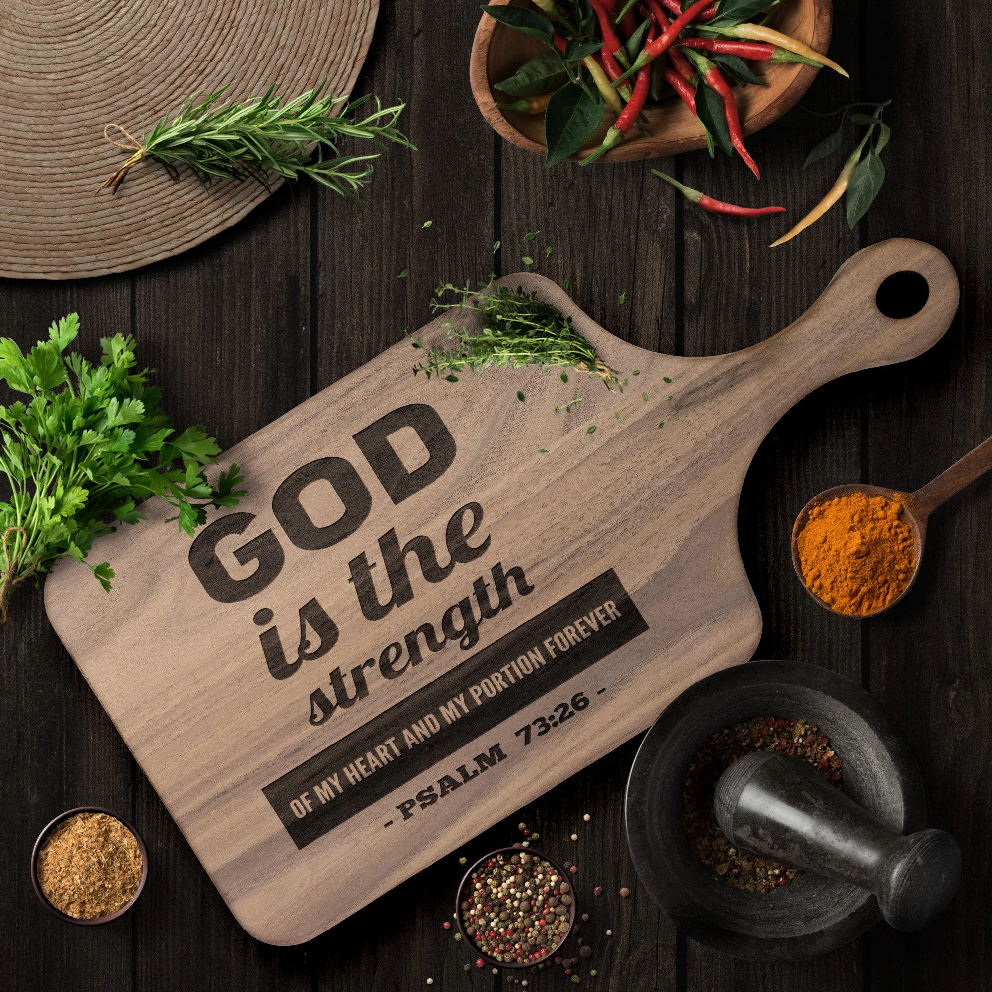 Products Bible Verse Hardwood Paddle Cutting Board - God Is The Strength Of My Heart ~Psalm 73:26~ Design 2