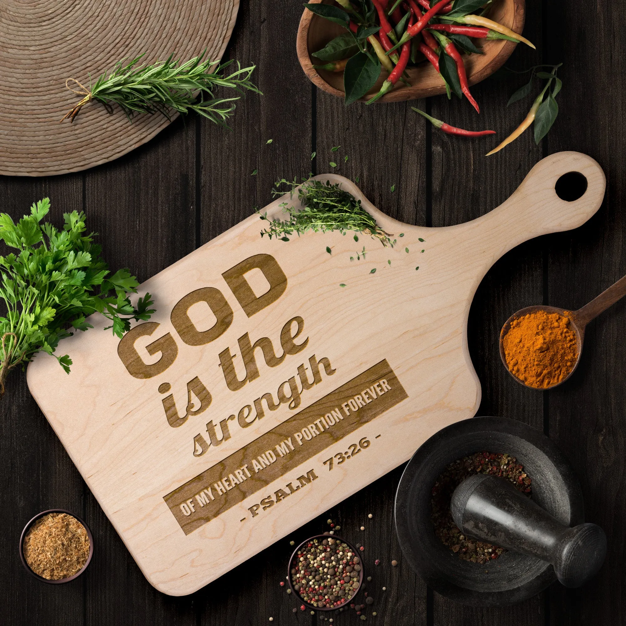 Products Bible Verse Hardwood Paddle Cutting Board - God Is The Strength Of My Heart ~Psalm 73:26~ Design 2