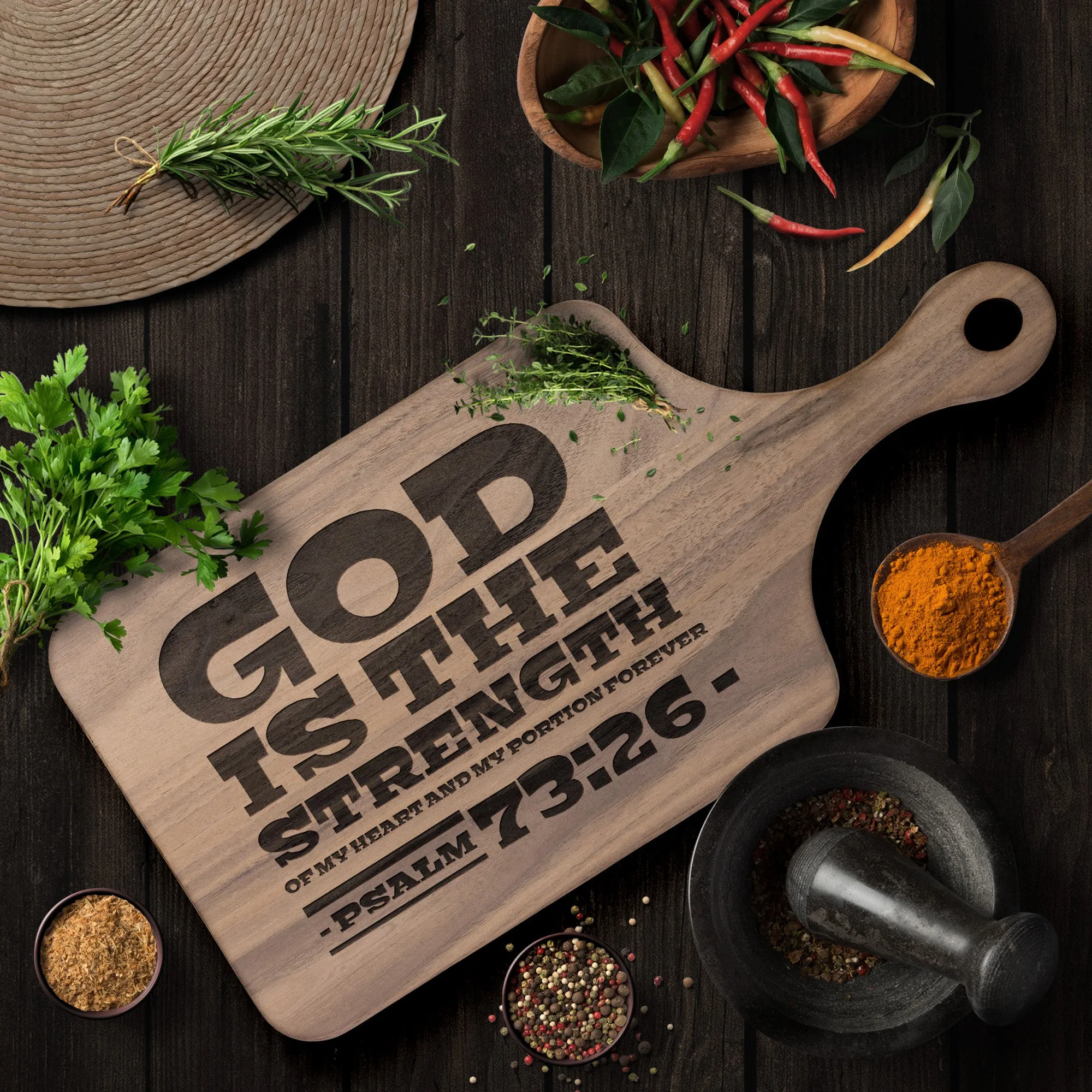 Products Bible Verse Hardwood Paddle Cutting Board - God Is The Strength Of My Heart ~Psalm 73:26~ Design 3