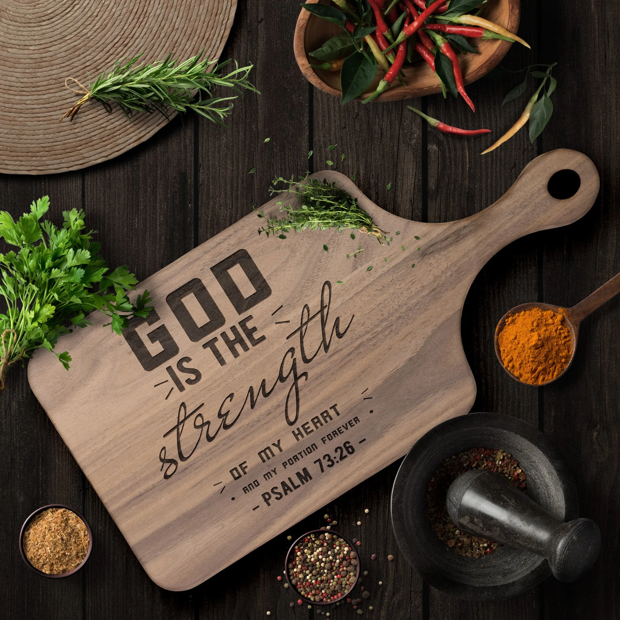 Products Bible Verse Hardwood Paddle Cutting Board - God Is The Strength Of My Heart ~Psalm 73:26~ Design 6