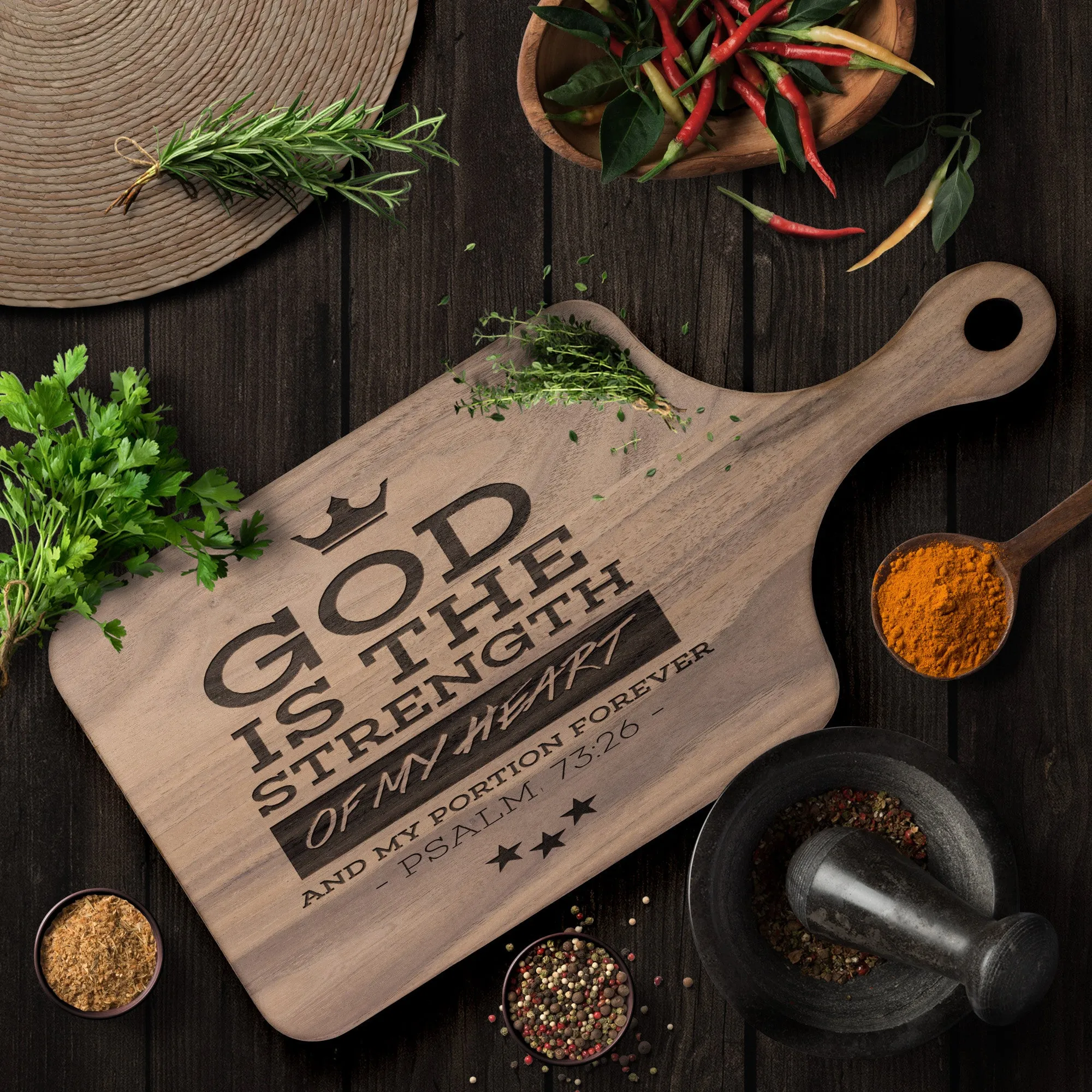 Products Bible Verse Hardwood Paddle Cutting Board - God Is The Strength Of My Heart ~Psalm 73:26~ Design 8