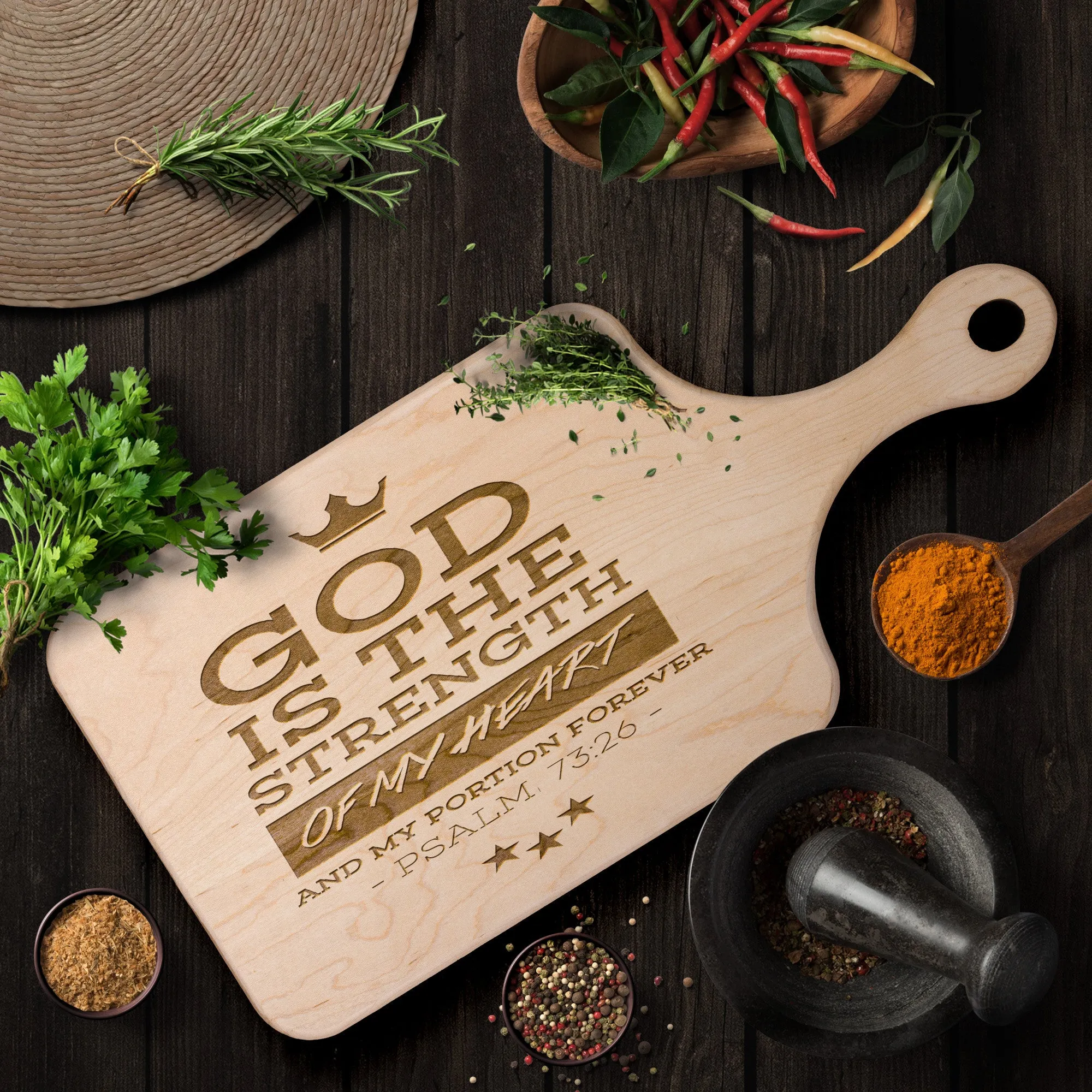 Products Bible Verse Hardwood Paddle Cutting Board - God Is The Strength Of My Heart ~Psalm 73:26~ Design 8