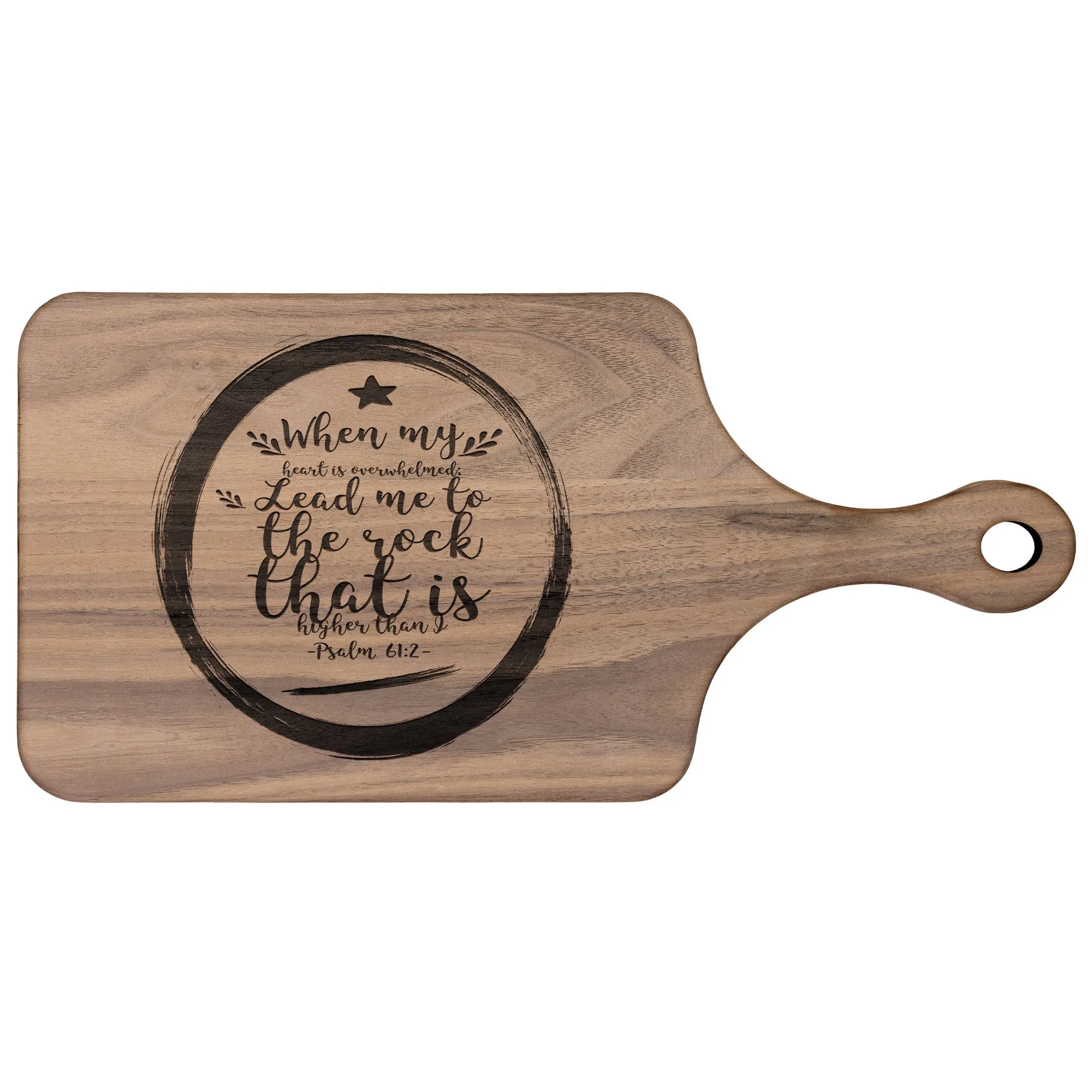 Products Bible Verse Hardwood Paddle Cutting Board - Lead Me To The Rock ~Psalm 61:2~ Design 15