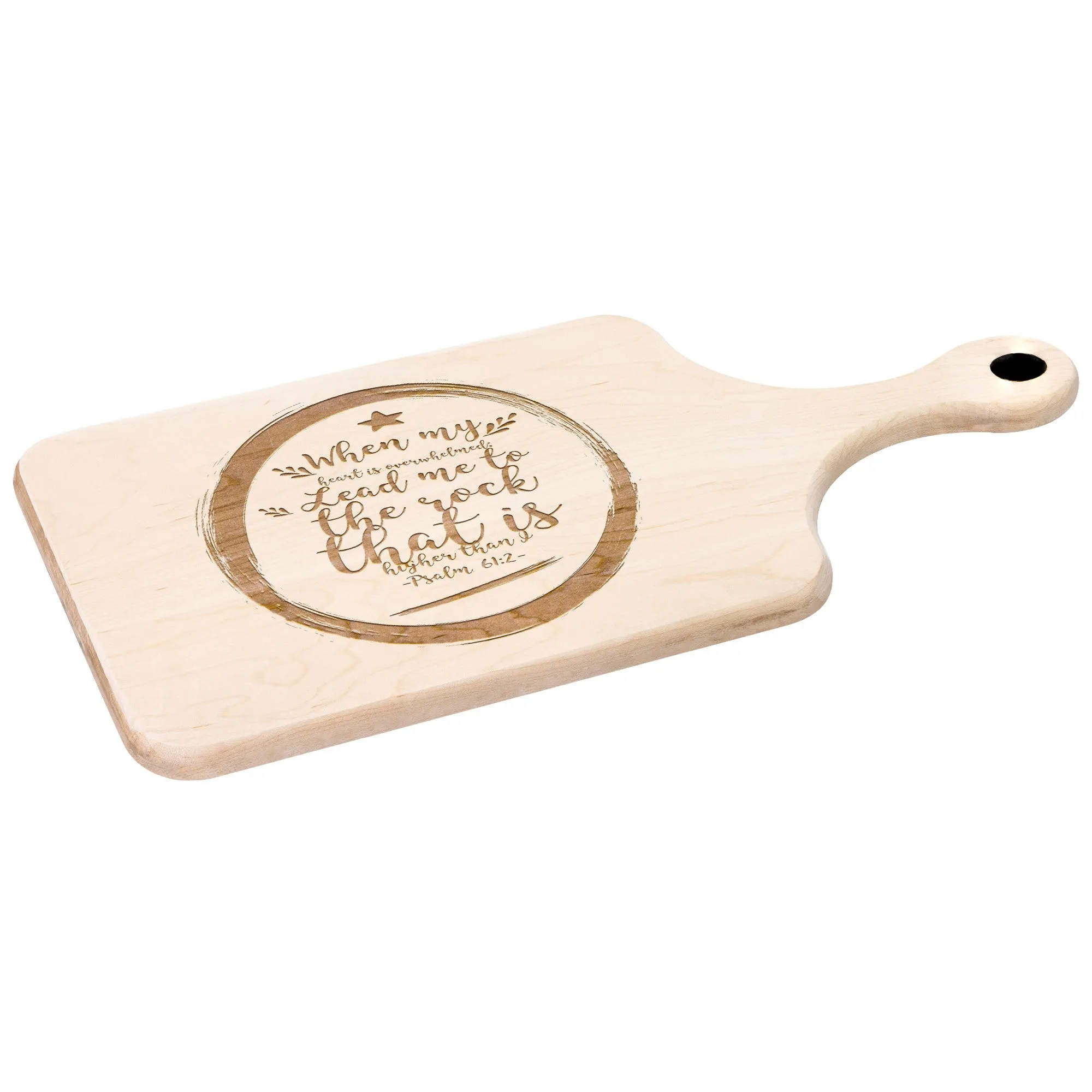 Products Bible Verse Hardwood Paddle Cutting Board - Lead Me To The Rock ~Psalm 61:2~ Design 15