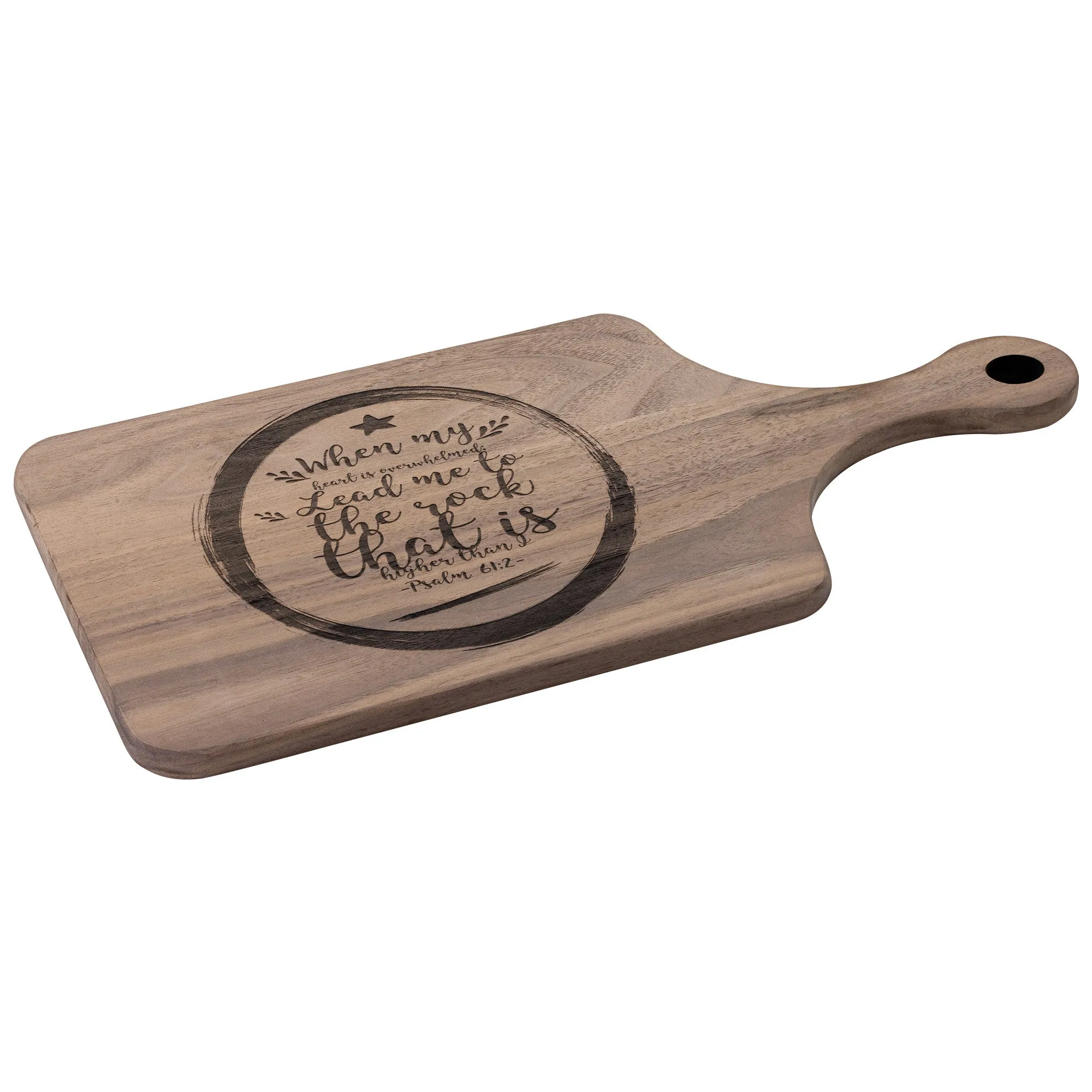 Products Bible Verse Hardwood Paddle Cutting Board - Lead Me To The Rock ~Psalm 61:2~ Design 15