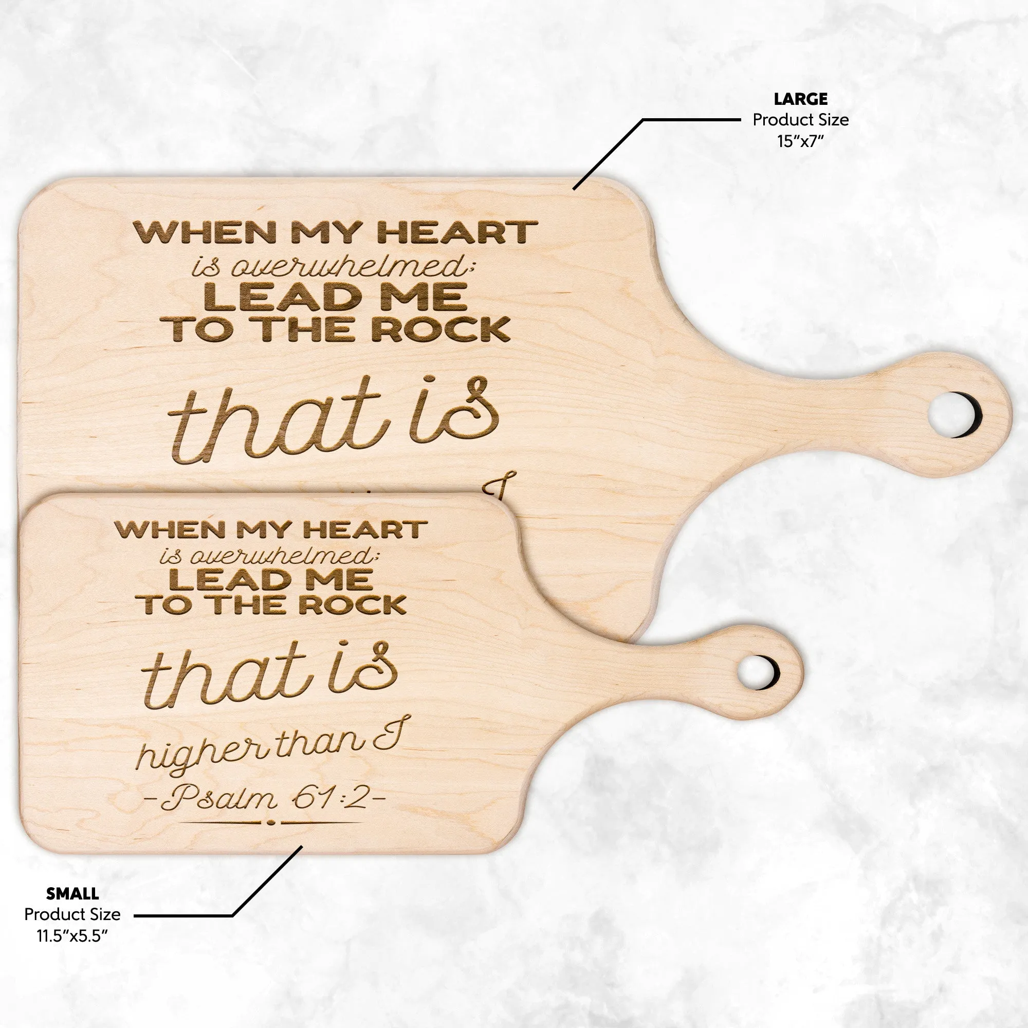 Products Bible Verse Hardwood Paddle Cutting Board - Lead Me To The Rock ~Psalm 61:2~ Design 18