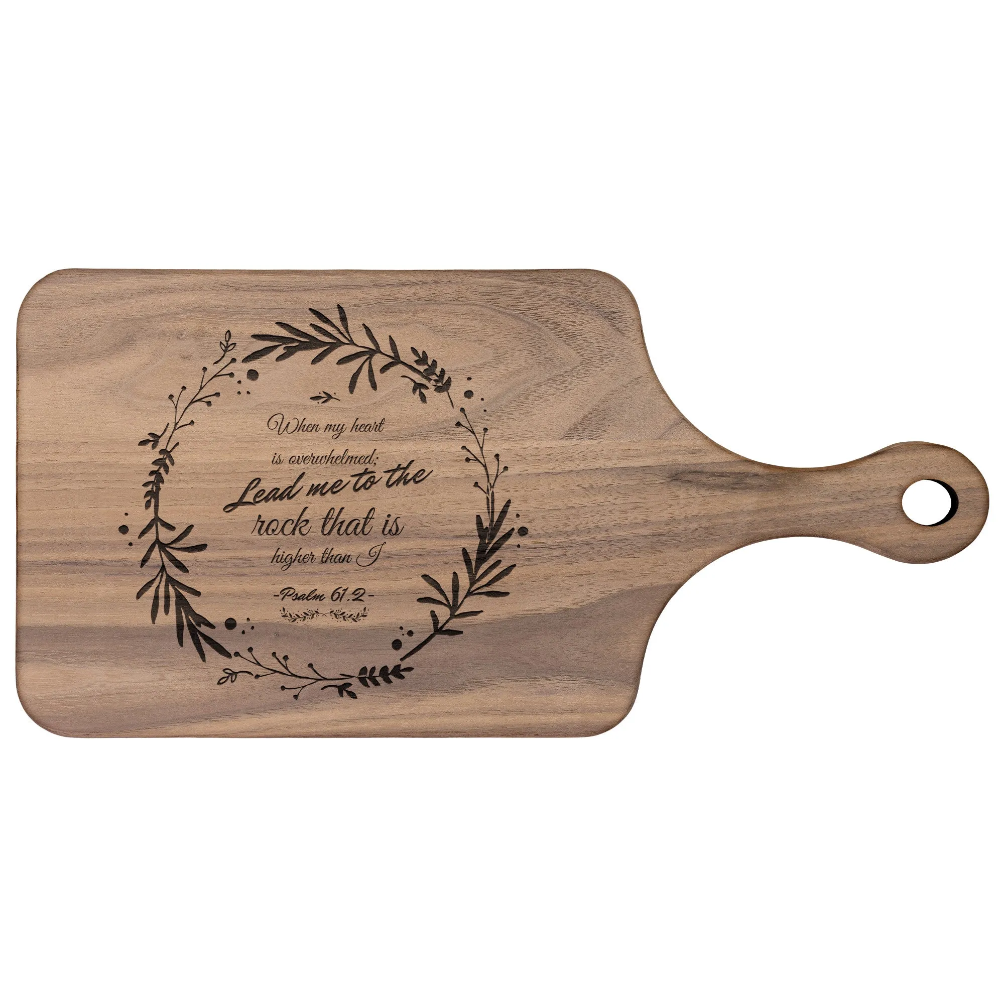 Products Bible Verse Hardwood Paddle Cutting Board - Lead Me To The Rock ~Psalm 61:2~ Design 19