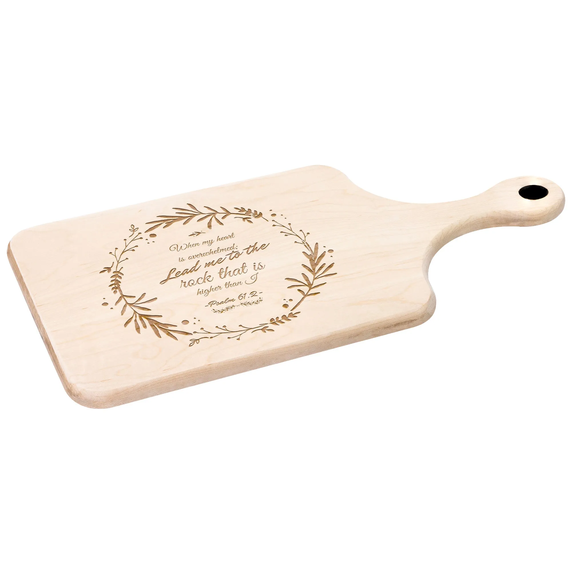 Products Bible Verse Hardwood Paddle Cutting Board - Lead Me To The Rock ~Psalm 61:2~ Design 19