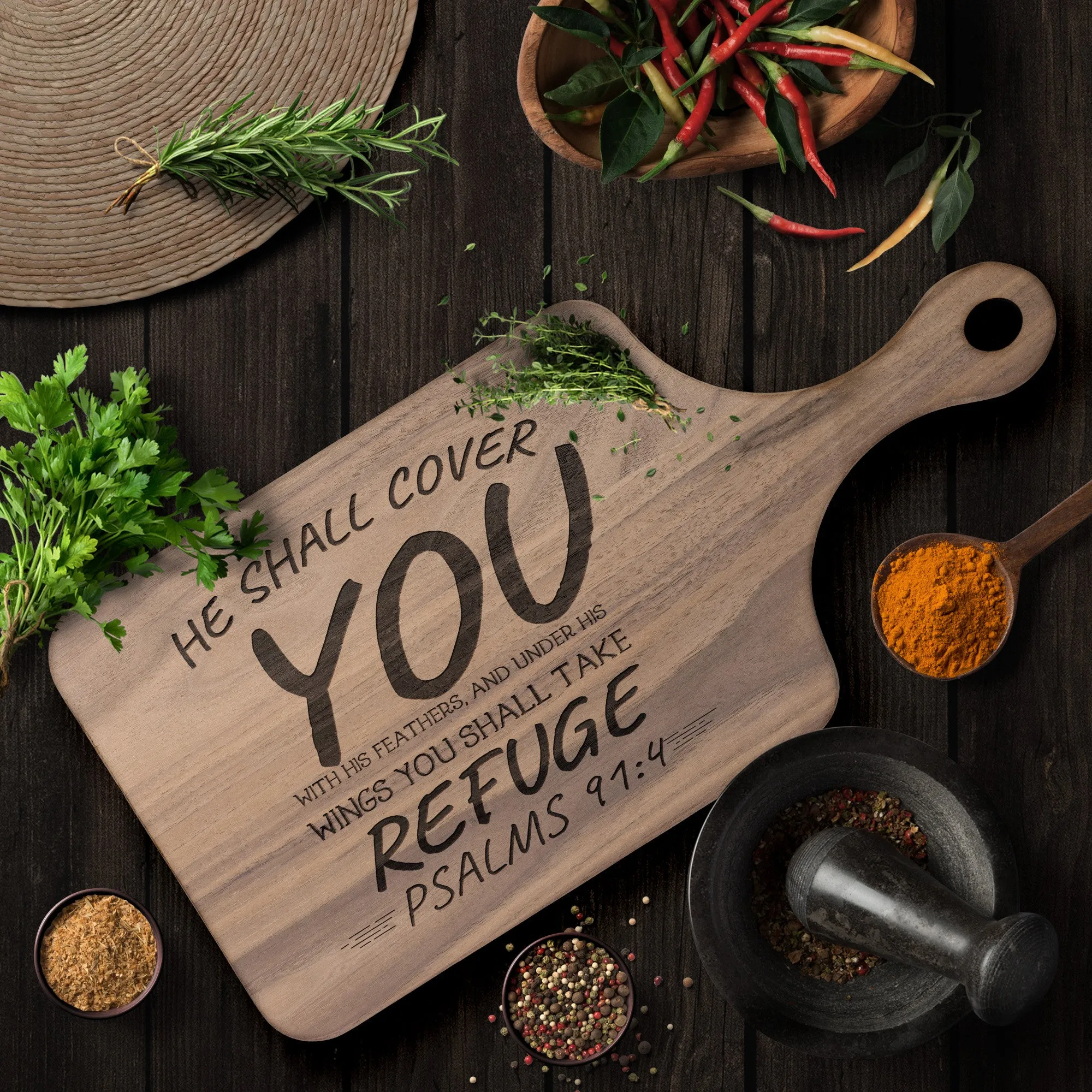 Products Bible Verse Hardwood Paddle Cutting Board - Under His Wings You Shall Take Refuge ~Psalm 91:4~ Design 10