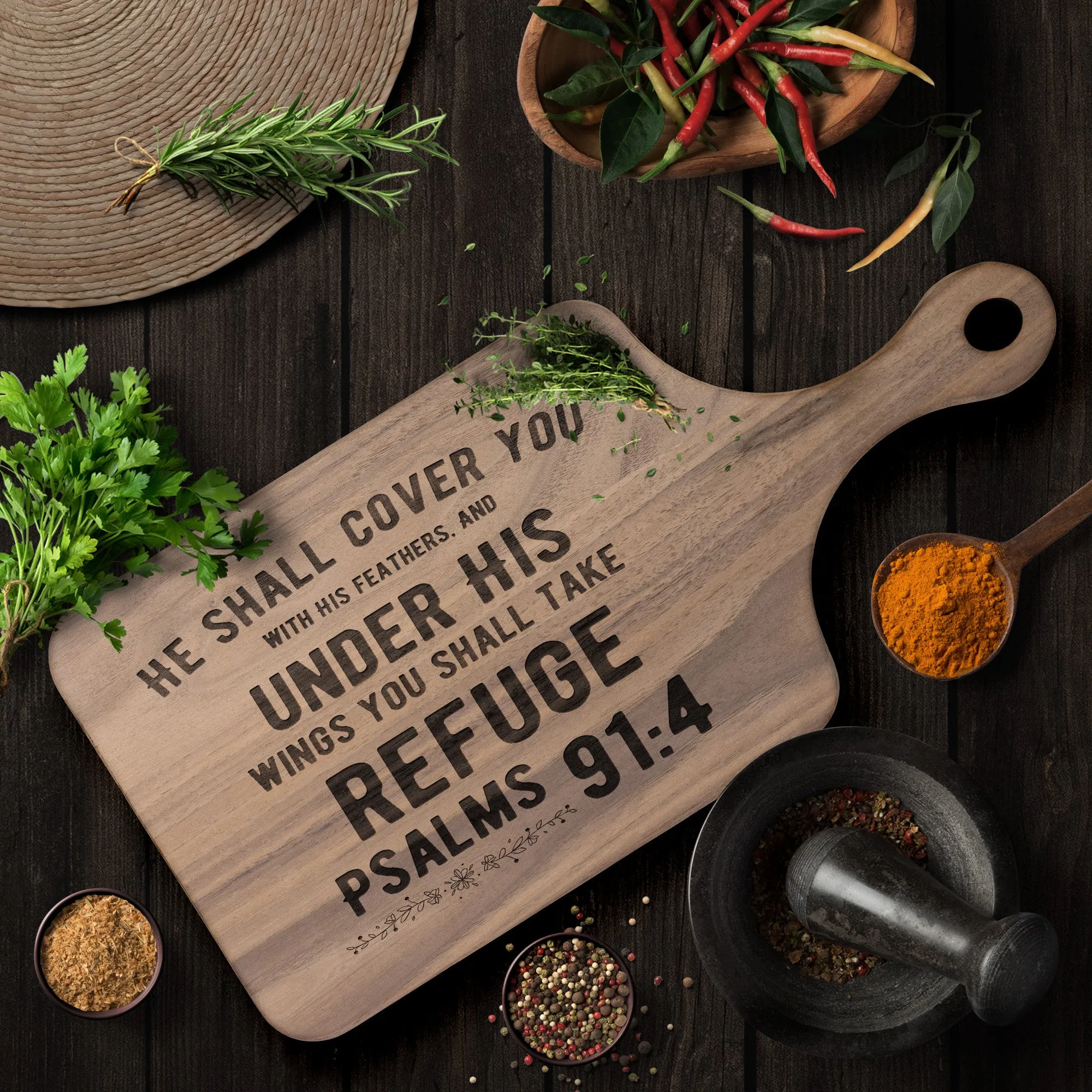 Products Bible Verse Hardwood Paddle Cutting Board - Under His Wings You Shall Take Refuge ~Psalm 91:4~ Design 2