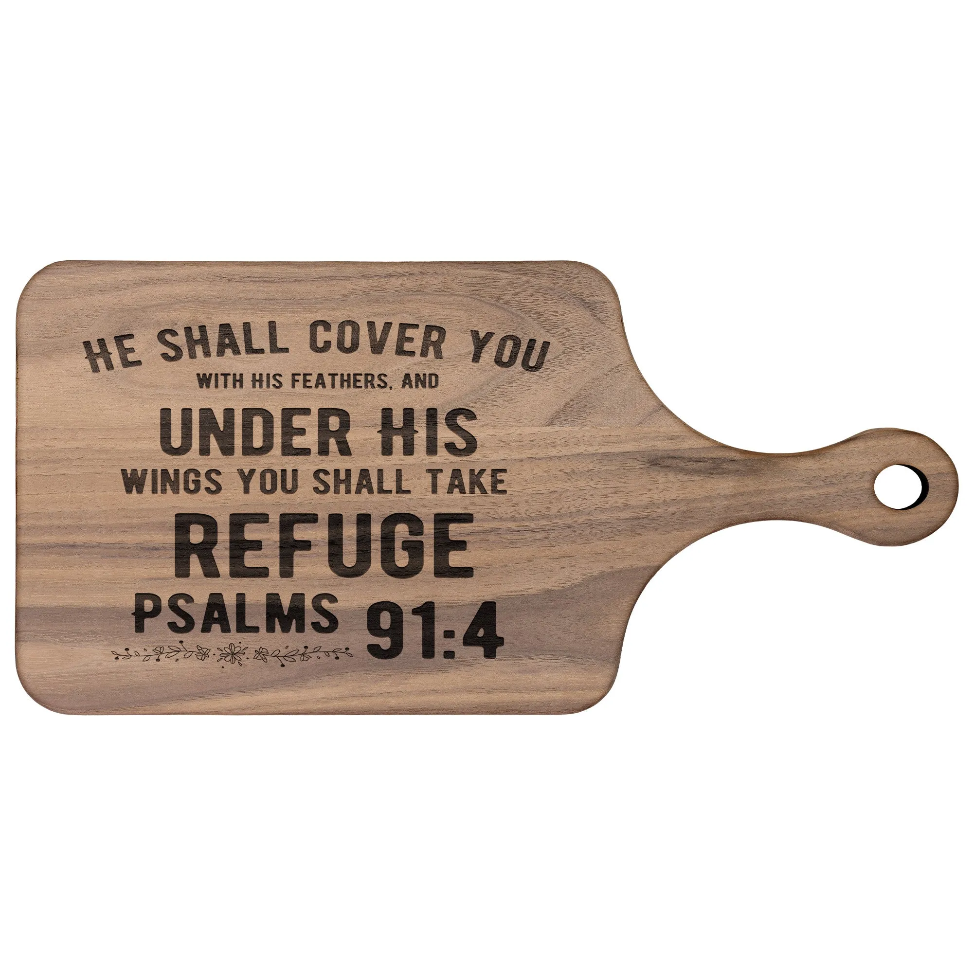 Products Bible Verse Hardwood Paddle Cutting Board - Under His Wings You Shall Take Refuge ~Psalm 91:4~ Design 2