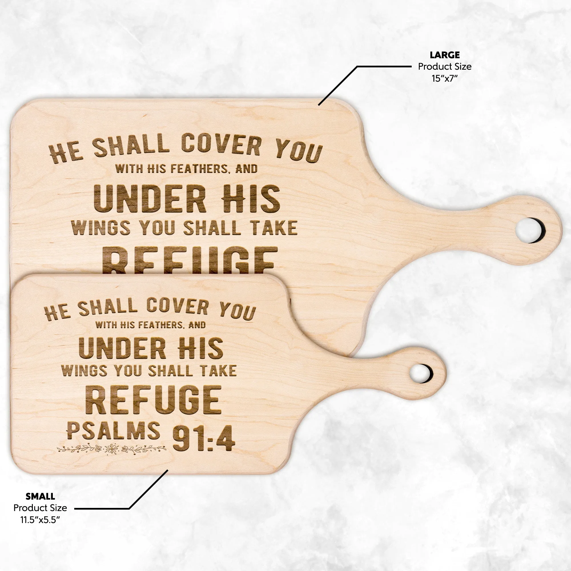 Products Bible Verse Hardwood Paddle Cutting Board - Under His Wings You Shall Take Refuge ~Psalm 91:4~ Design 2