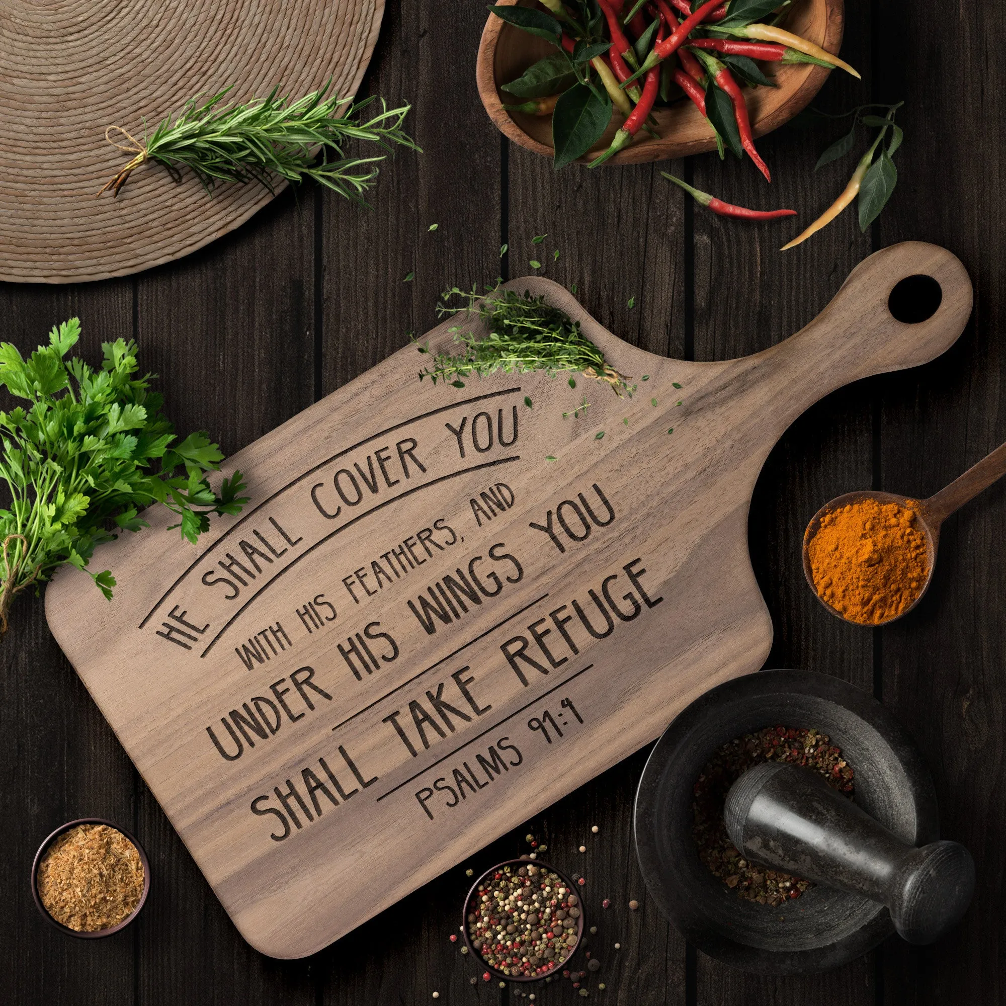 Products Bible Verse Hardwood Paddle Cutting Board - Under His Wings You Shall Take Refuge ~Psalm 91:4~ Design 3