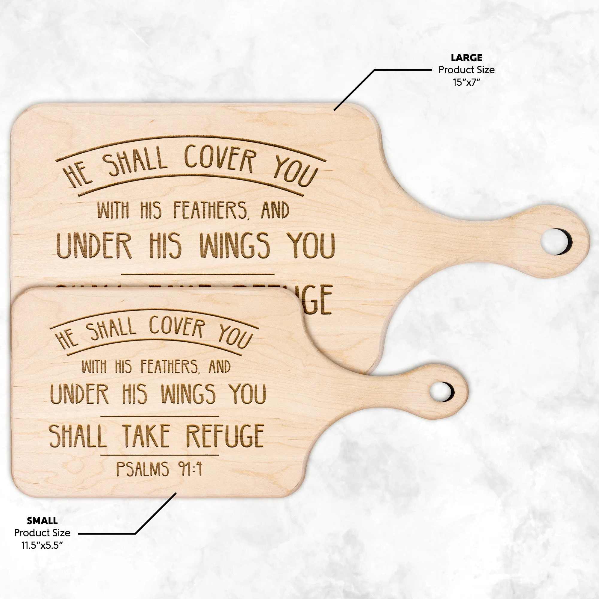 Products Bible Verse Hardwood Paddle Cutting Board - Under His Wings You Shall Take Refuge ~Psalm 91:4~ Design 3