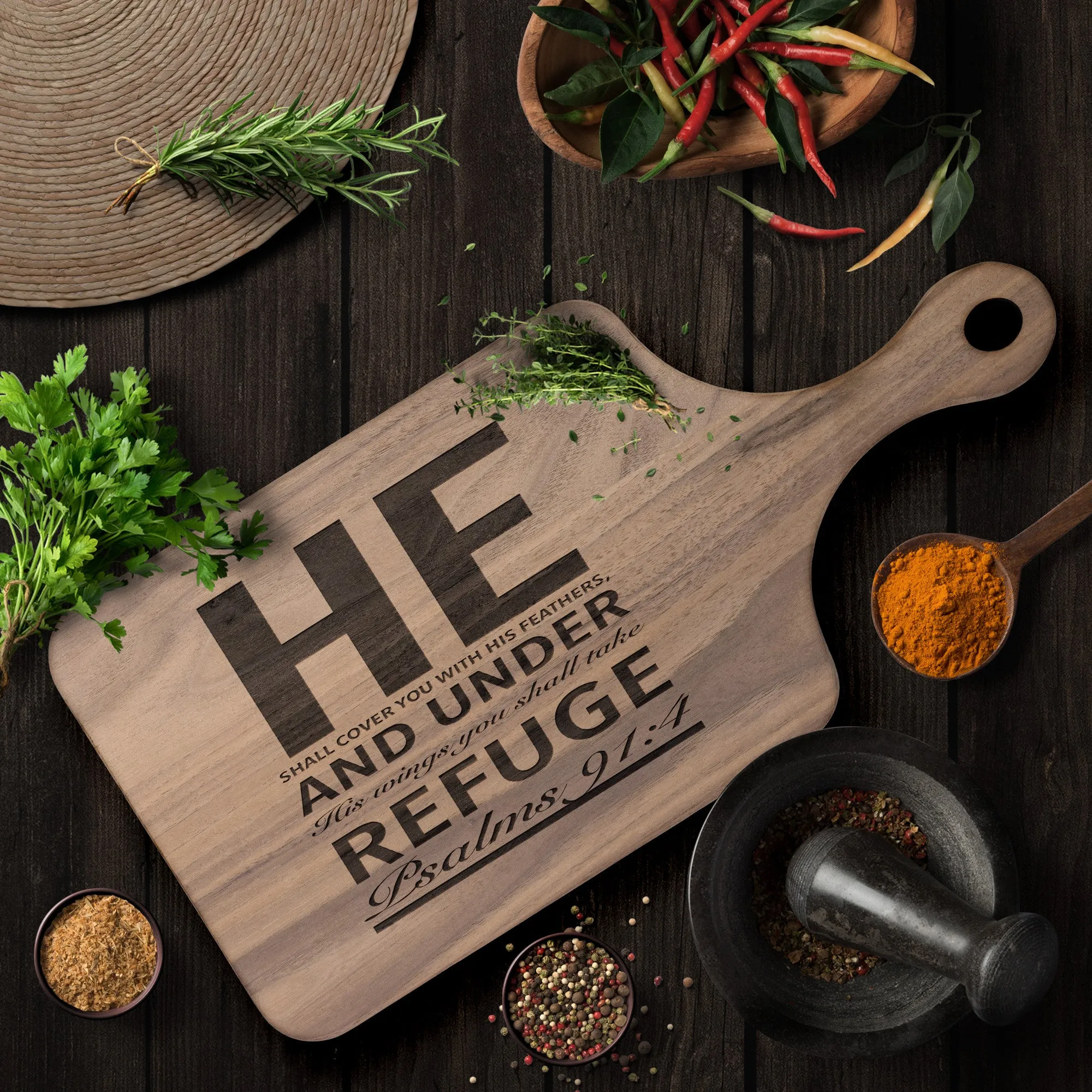 Products Bible Verse Hardwood Paddle Cutting Board - Under His Wings You Shall Take Refuge ~Psalm 91:4~ Design 4