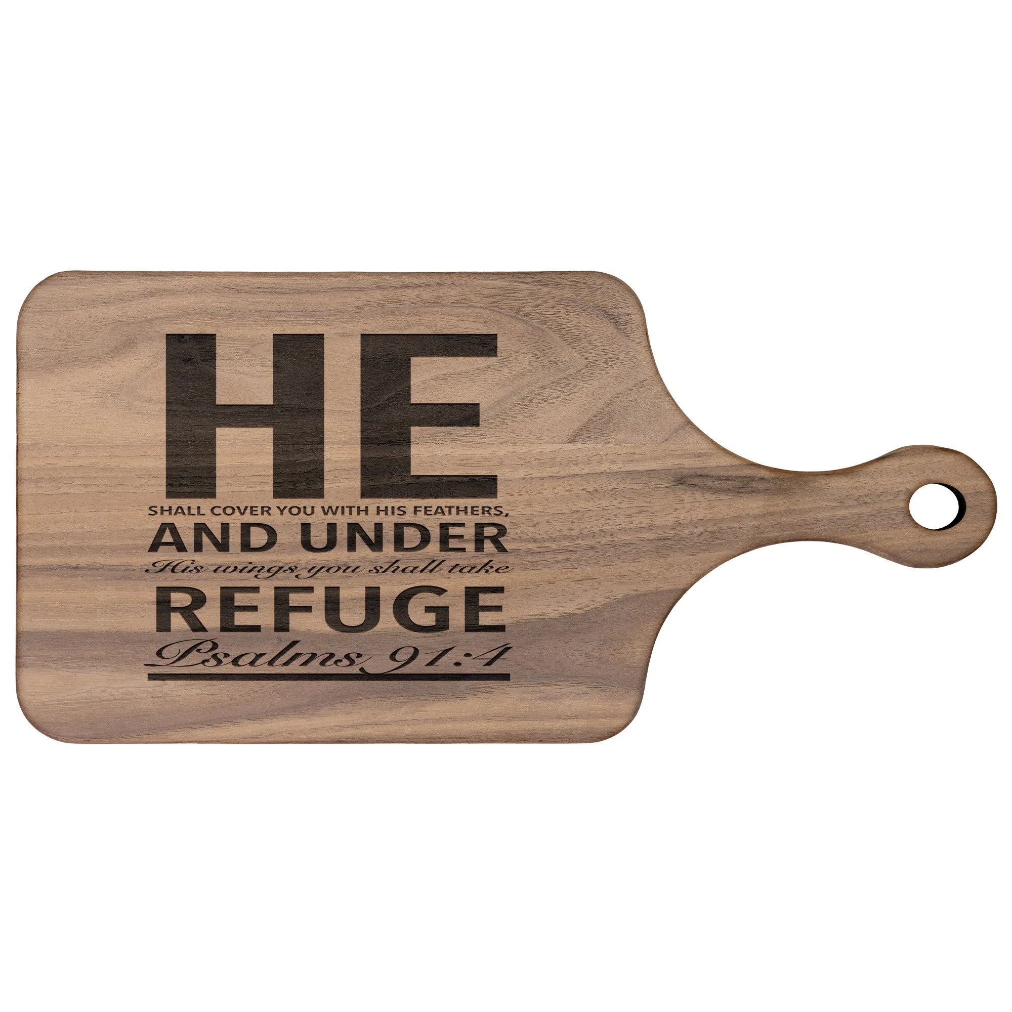 Products Bible Verse Hardwood Paddle Cutting Board - Under His Wings You Shall Take Refuge ~Psalm 91:4~ Design 4