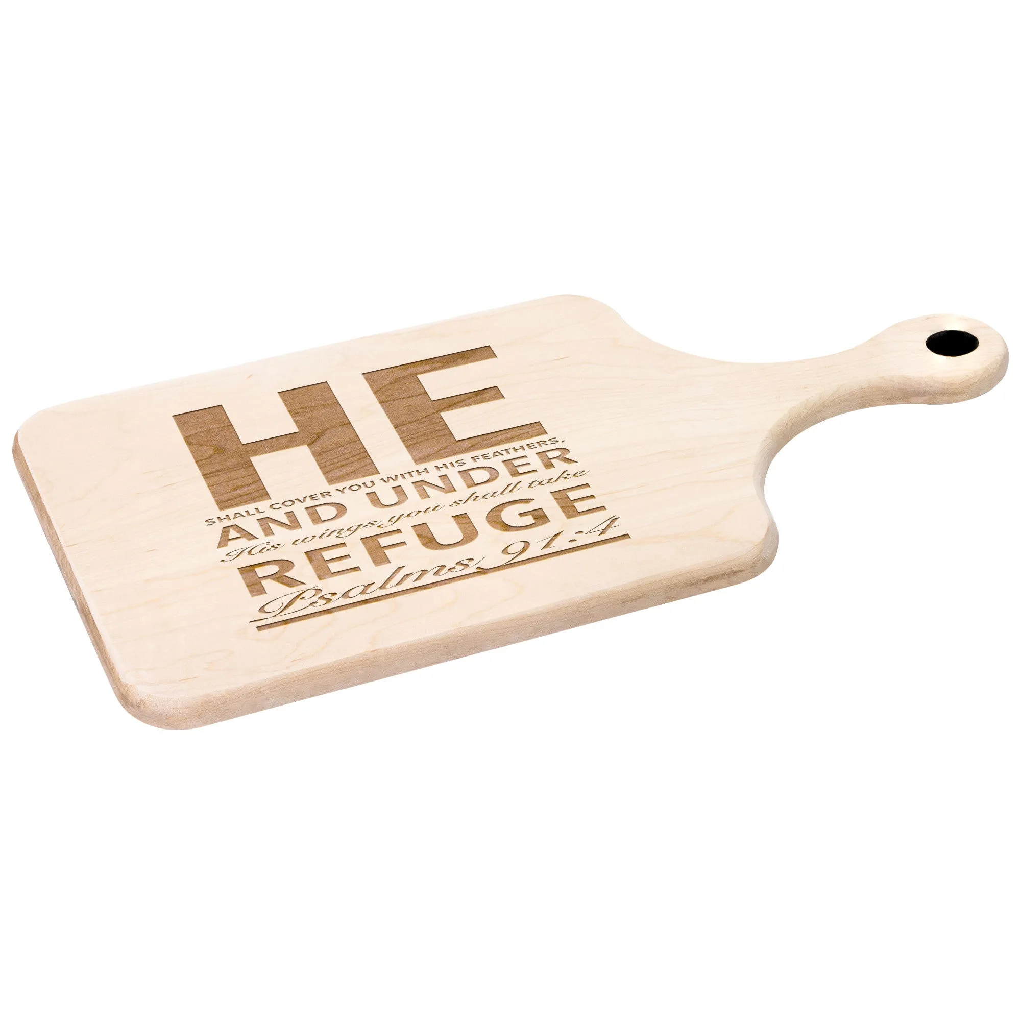 Products Bible Verse Hardwood Paddle Cutting Board - Under His Wings You Shall Take Refuge ~Psalm 91:4~ Design 4