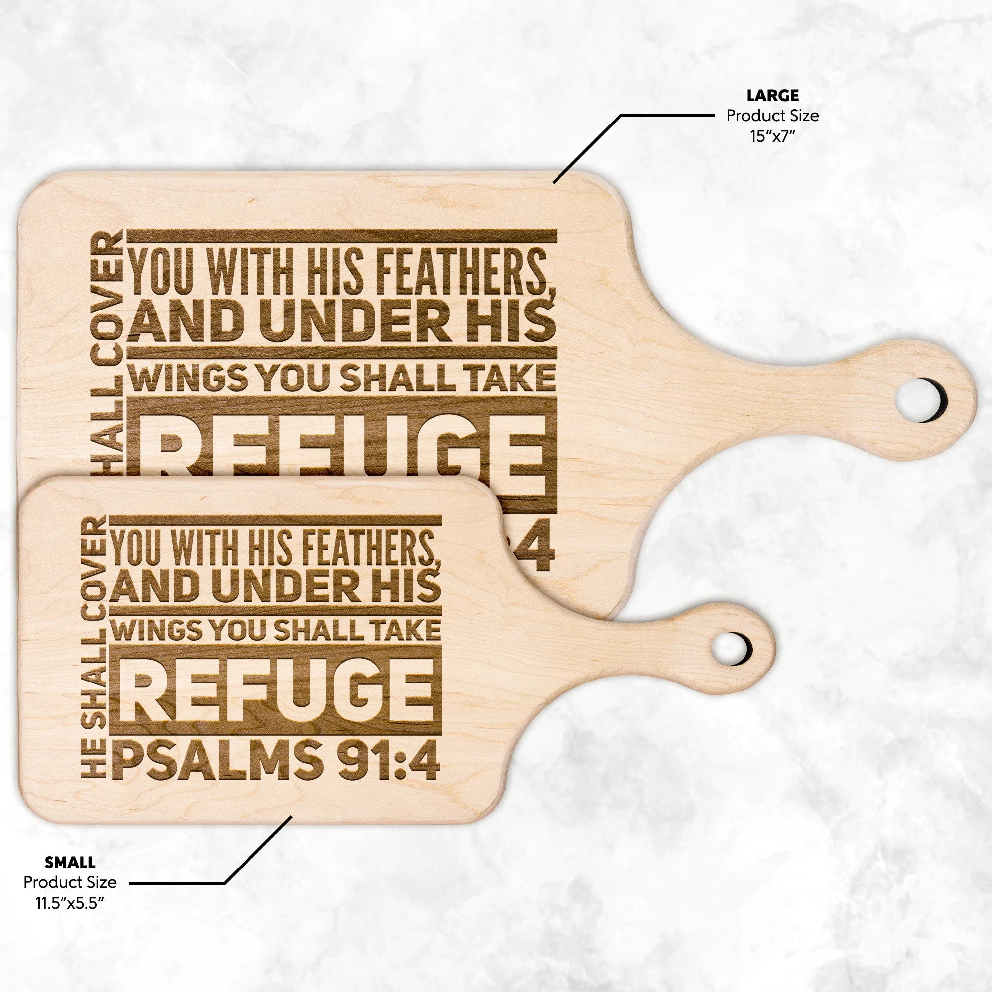 Products Bible Verse Hardwood Paddle Cutting Board - Under His Wings You Shall Take Refuge ~Psalm 91:4~ Design 5