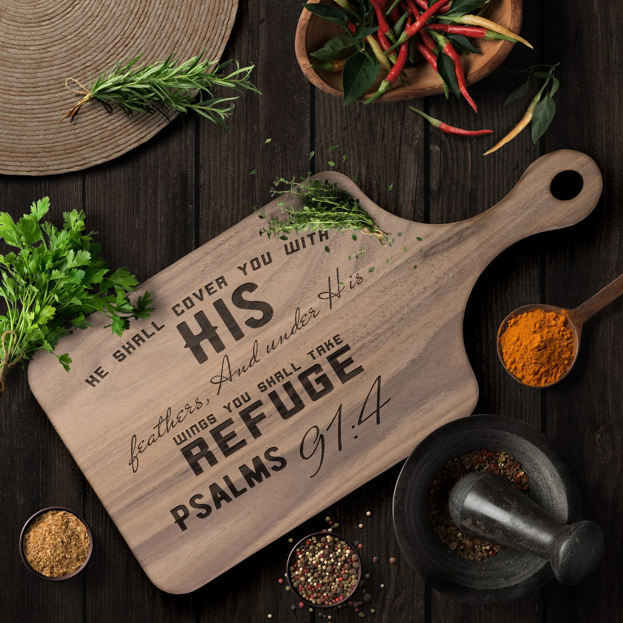 Products Bible Verse Hardwood Paddle Cutting Board - Under His Wings You Shall Take Refuge ~Psalm 91:4~ Design 6