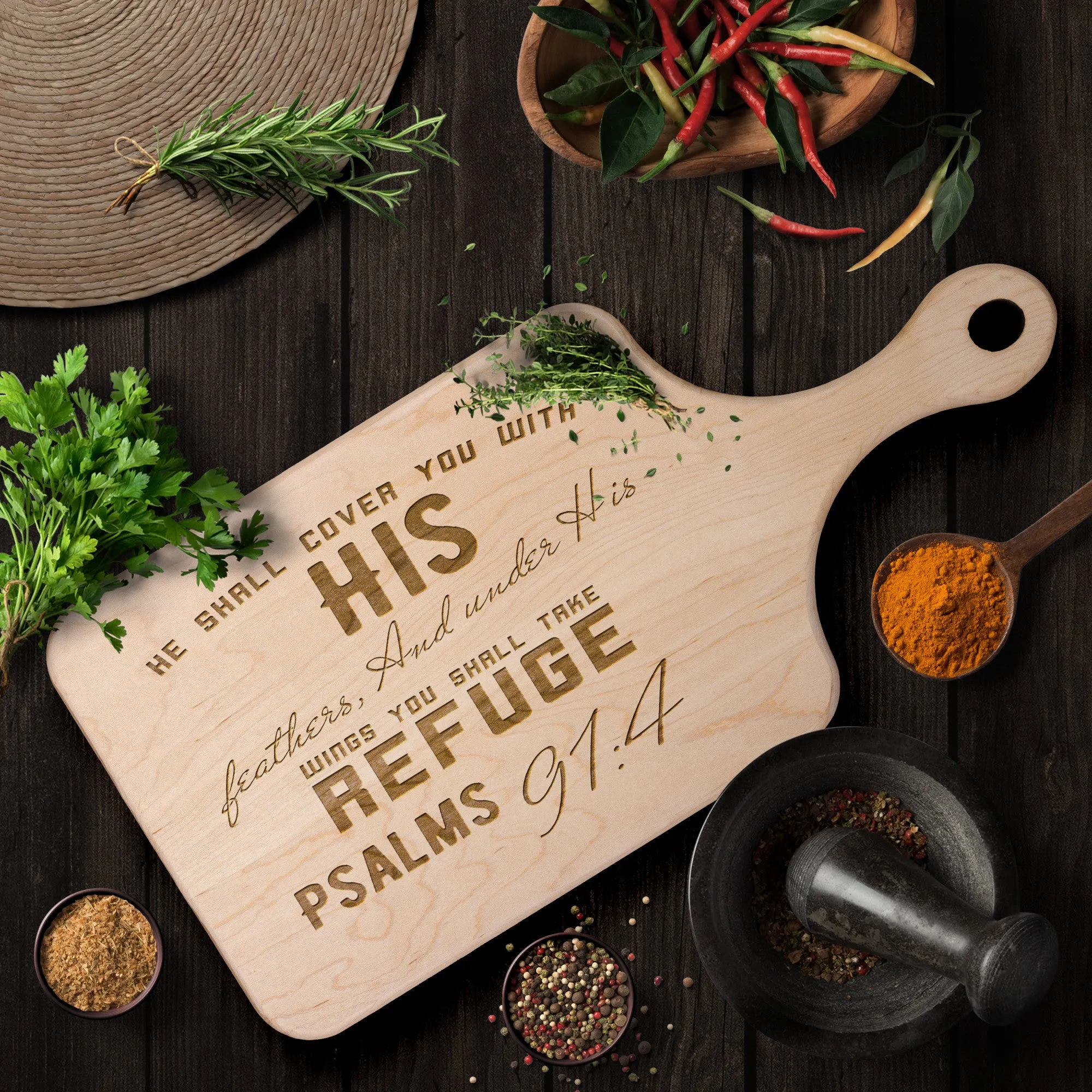 Products Bible Verse Hardwood Paddle Cutting Board - Under His Wings You Shall Take Refuge ~Psalm 91:4~ Design 6