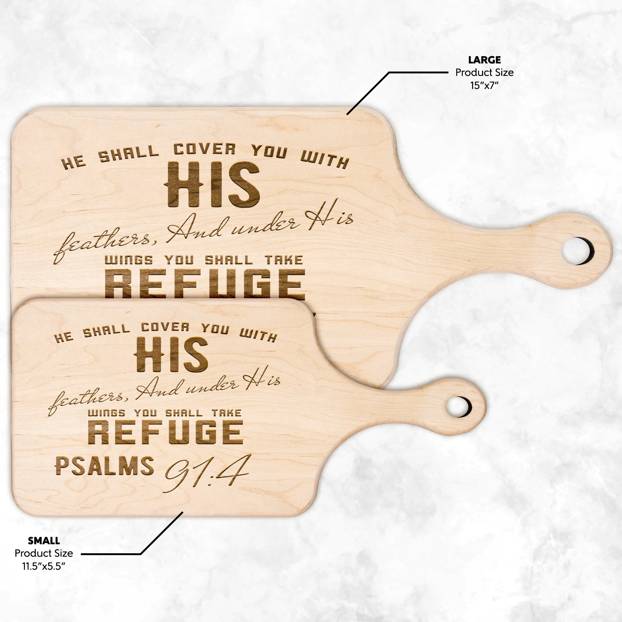 Products Bible Verse Hardwood Paddle Cutting Board - Under His Wings You Shall Take Refuge ~Psalm 91:4~ Design 6