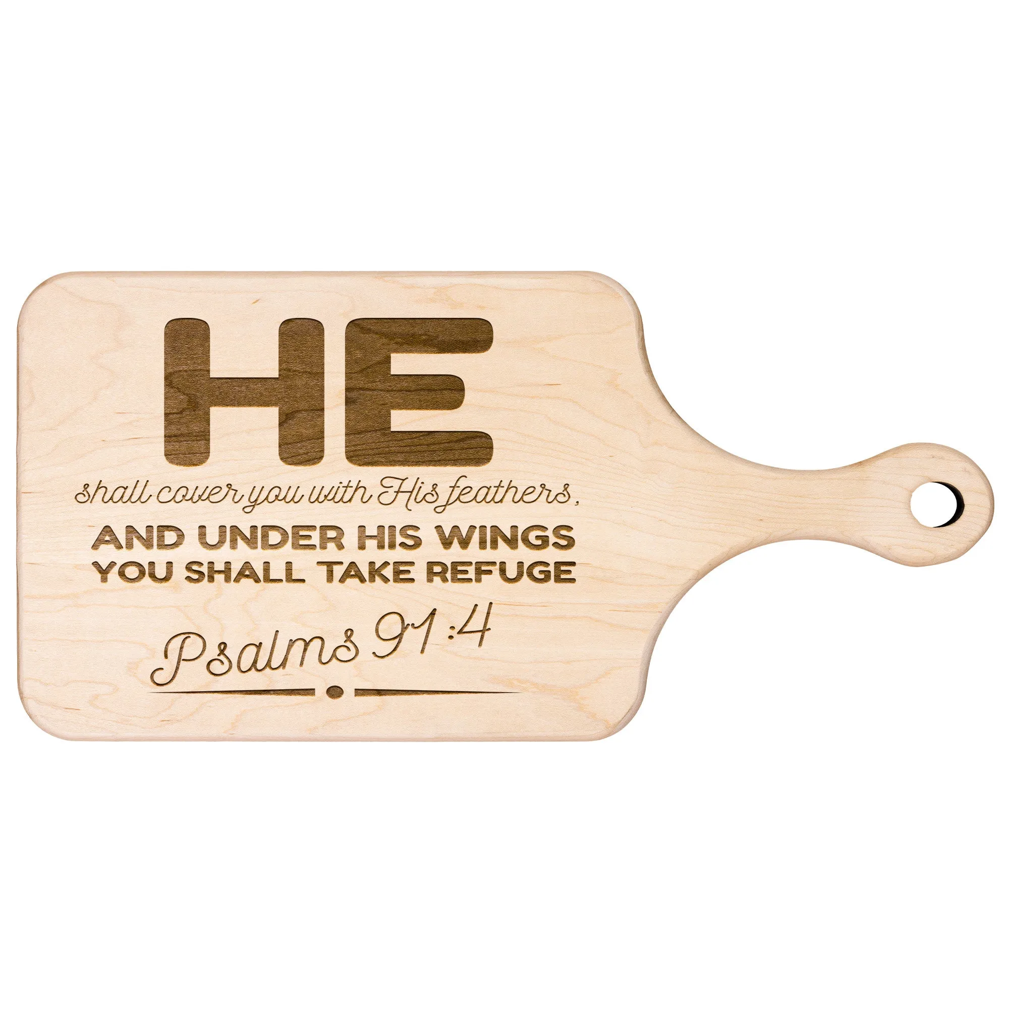 Products Bible Verse Hardwood Paddle Cutting Board - Under His Wings You Shall Take Refuge ~Psalm 91:4~ Design 8