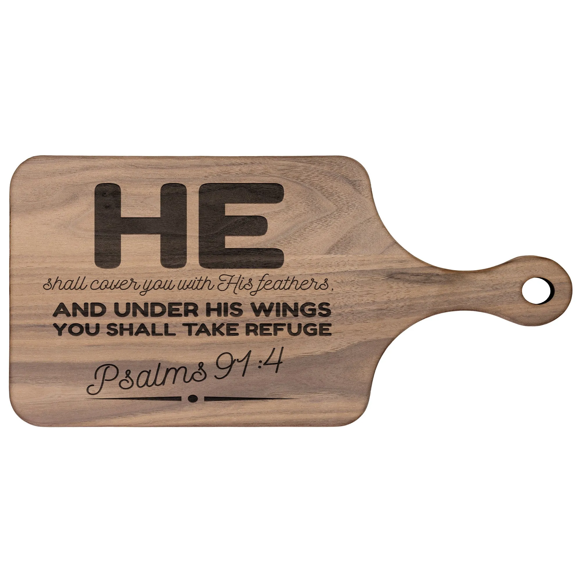 Products Bible Verse Hardwood Paddle Cutting Board - Under His Wings You Shall Take Refuge ~Psalm 91:4~ Design 8