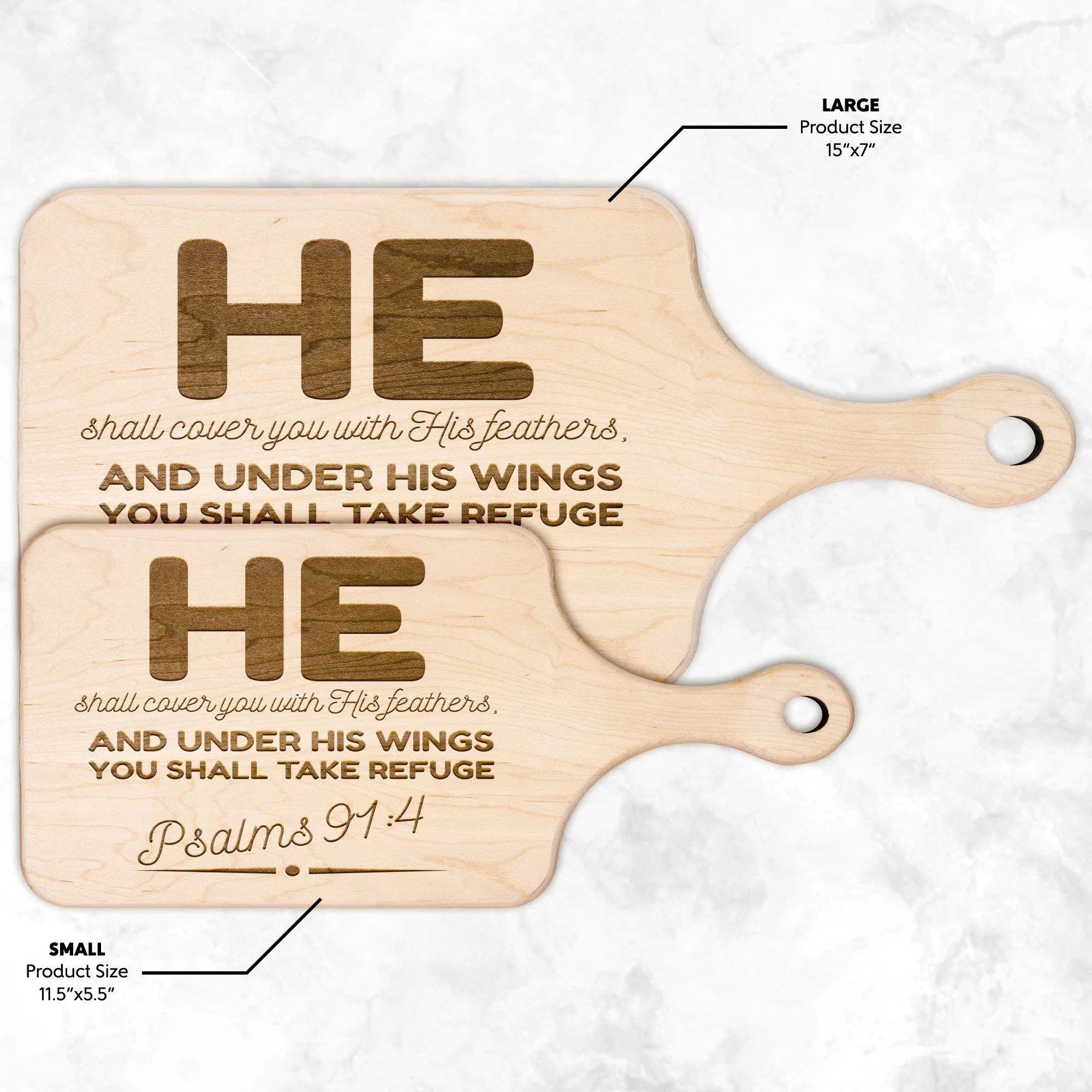 Products Bible Verse Hardwood Paddle Cutting Board - Under His Wings You Shall Take Refuge ~Psalm 91:4~ Design 8