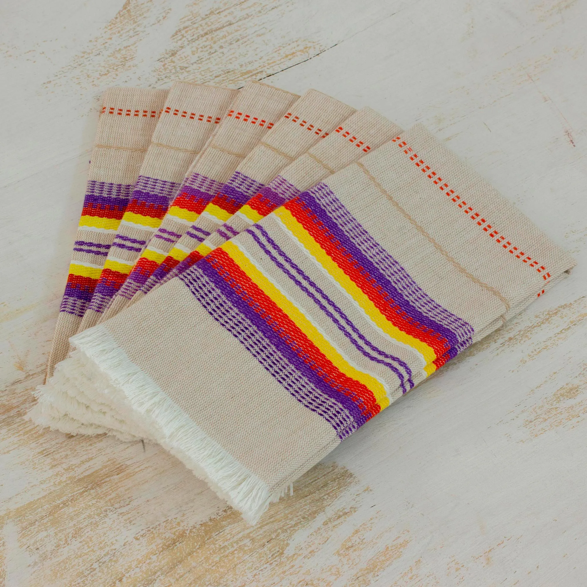 Sunset Dinner Striped 100% Cotton Napkins from Guatemala (Set of 6)