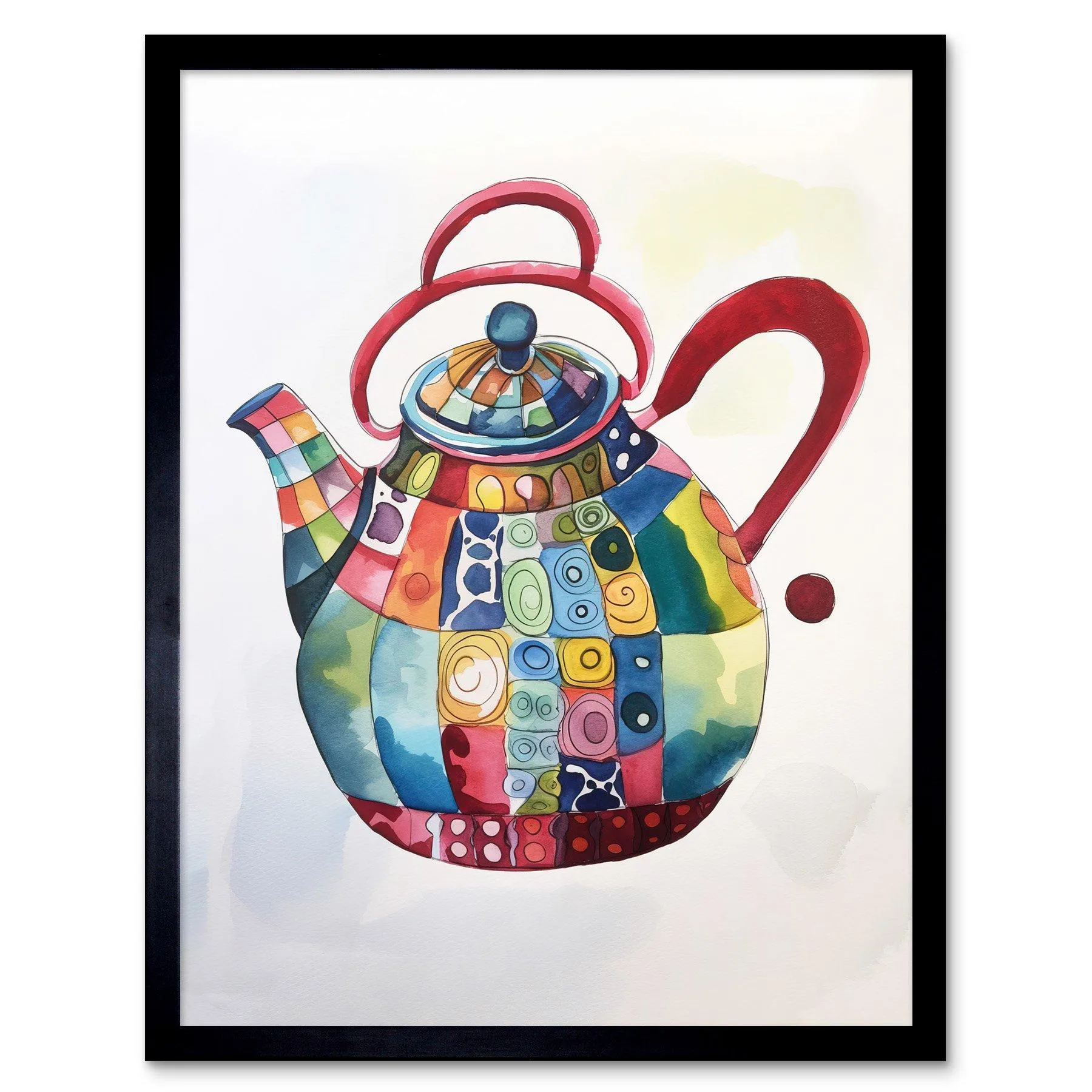 Wall Art & Pictures | Wall Art Print Enamelled Patterned Tea Kettle Teapot Folk Art Watercolour Painting Art Framed | Artery