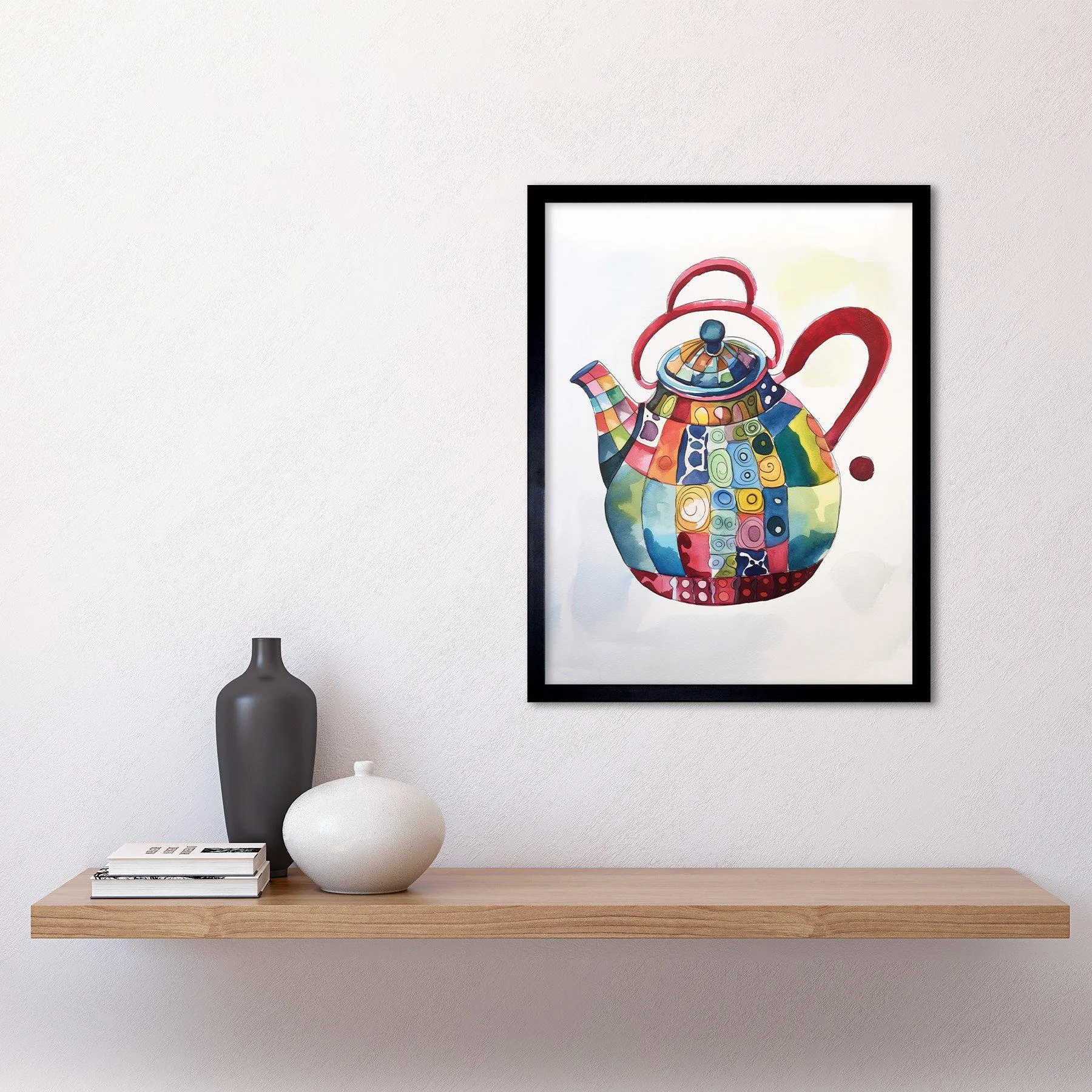 Wall Art & Pictures | Wall Art Print Enamelled Patterned Tea Kettle Teapot Folk Art Watercolour Painting Art Framed | Artery