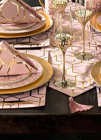 Waterside 9 Piece Tallulah Pink & Gold Geo Table Runner, Placemats & Napkins Set | Kaleidoscope