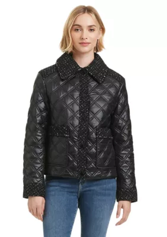 Women's Quilted Jacket with Tweed Details